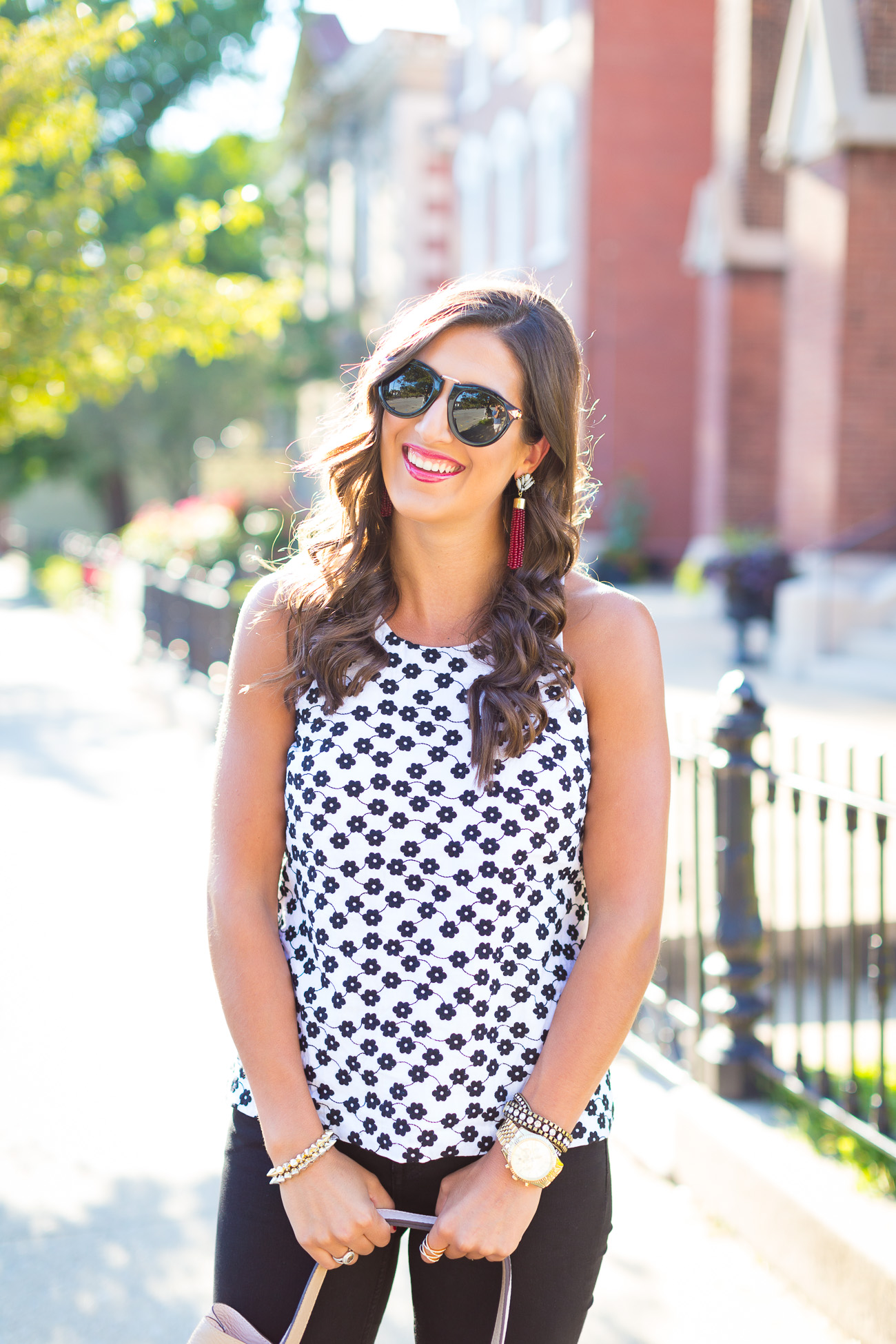 floral embroidered top, tassel earrings, preppy outfit, affordable outfit // a southern drawl
