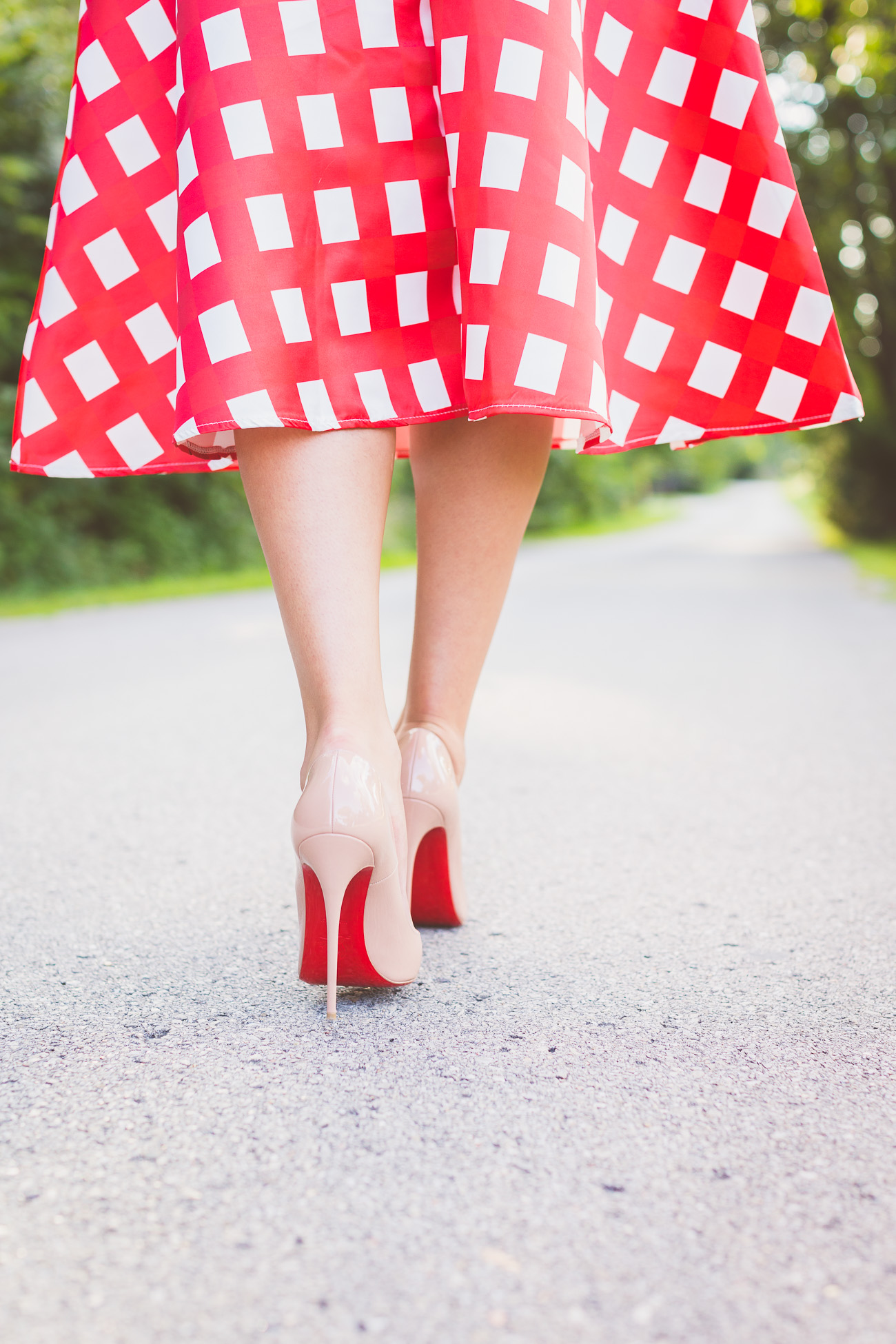 christian louboutins, louboutin so kate pumps, nude pumps, red soles, gingham skirt // a southern drawl