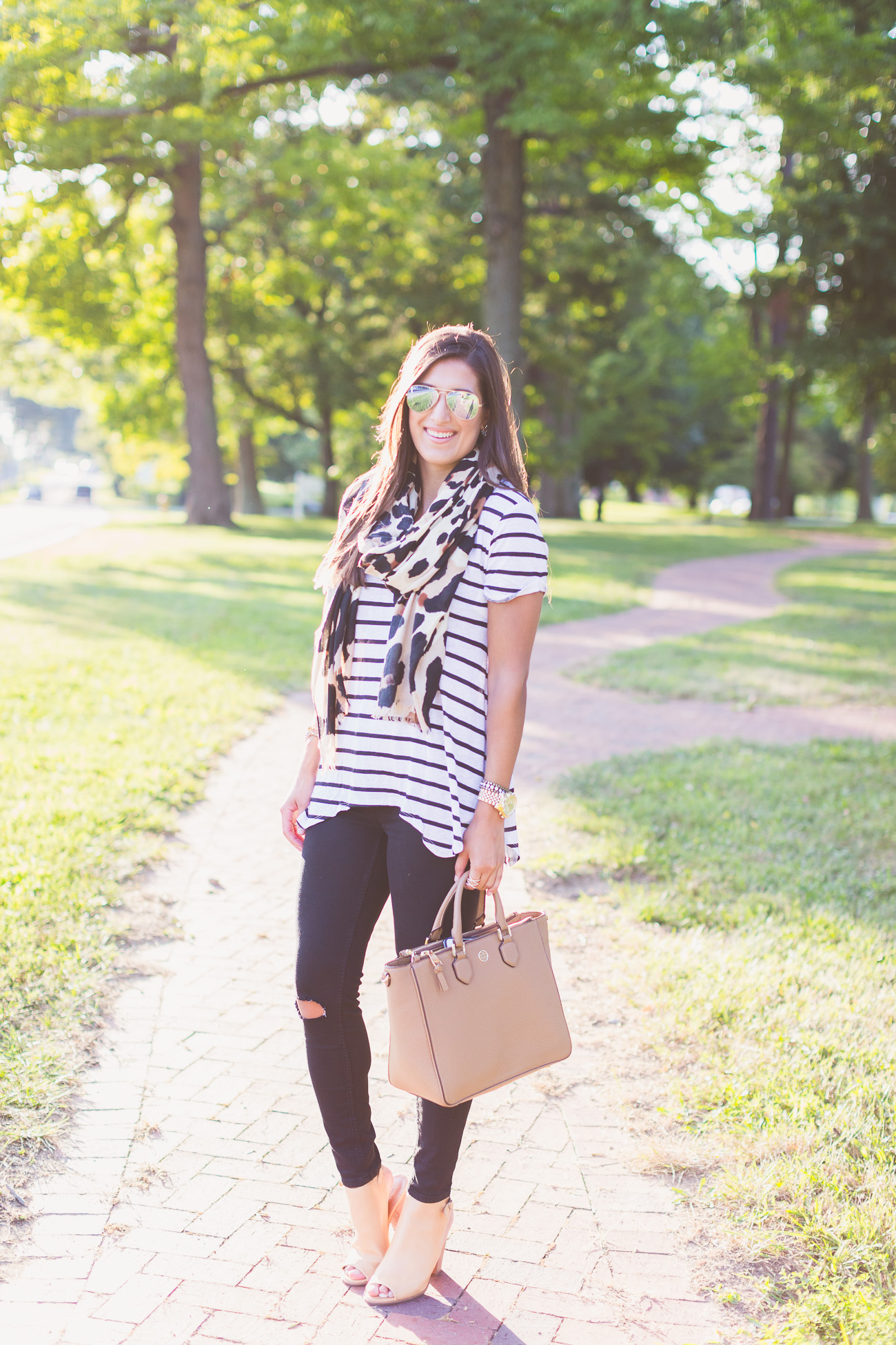 oversized stripe tee, stripe tee, leopard scarf, blanket scarf, leopard blanket scarf, pattern mixing, fall style inspiration, fall outfit ideas, tory burch robinson multi tote,  distressed skinny jeans, cognac booties // a southern drawl