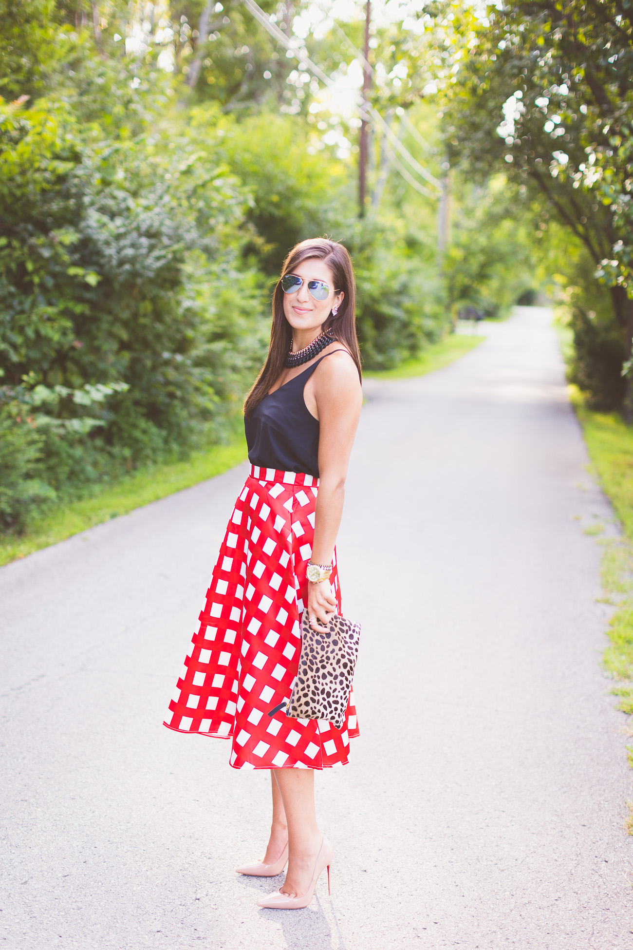 clare v calf hair clutch, gingham skirt, midi skirt, chicwish skirt, chain necklace, ray ban mirror aviators, preppy outfit , summer style, christian louboutin so kate pumps, nude louboutins // a southern drawl