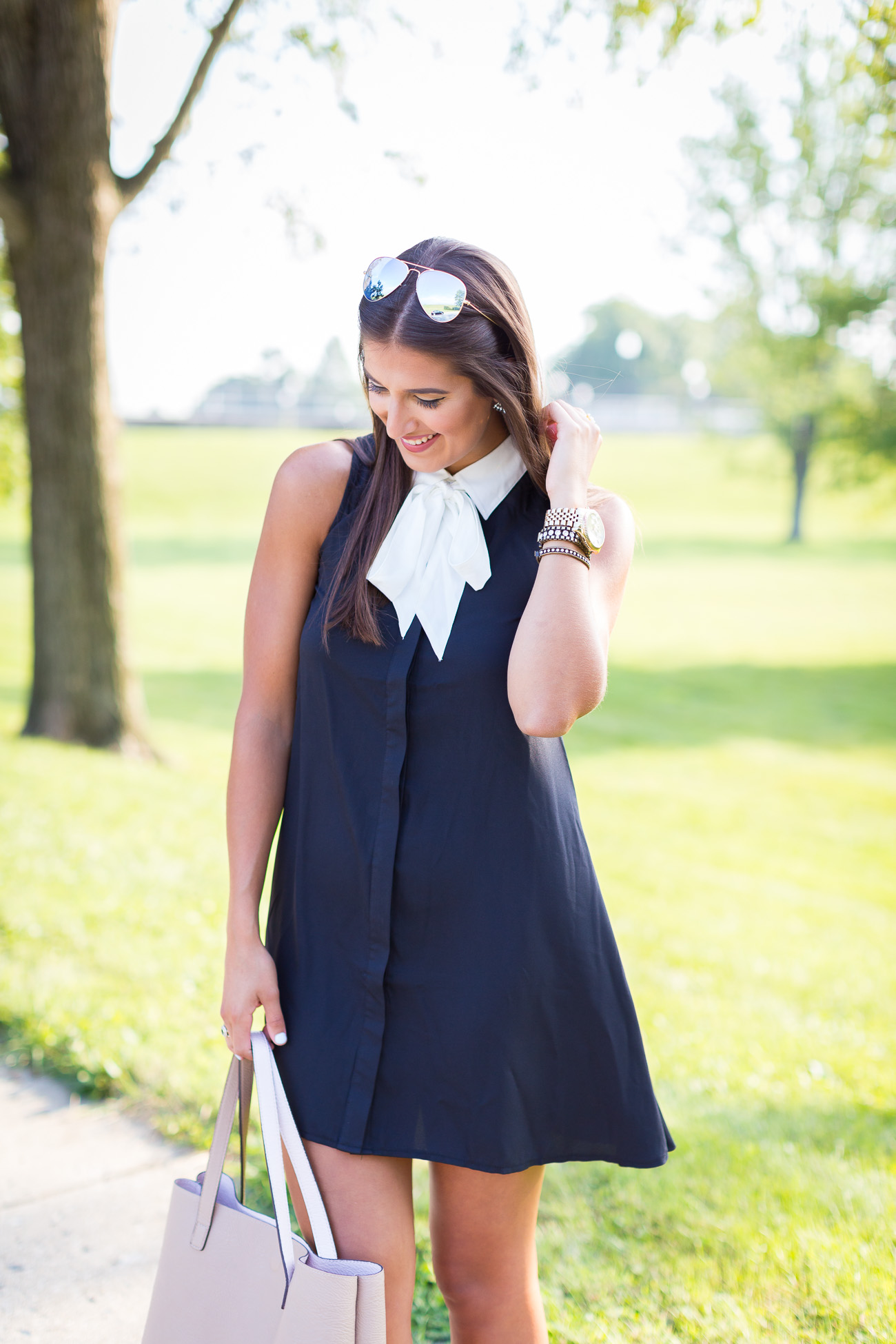 bow tie dress, cocktail dress, little black dresses,, bow neck tie, ray ban mirror aviators // a southern drawl