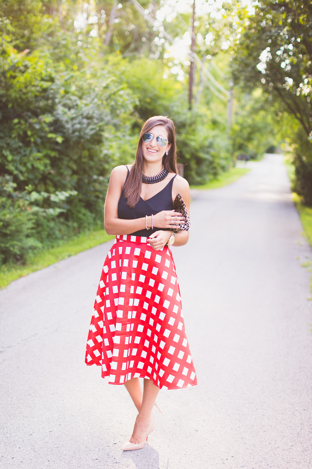 midi flare skirt, gingham skirt, midi skirt, chicwish skirt, chain necklace, ray ban mirror aviators, preppy outfit , summer style, christian louboutin so kate pumps, nude louboutins // a southern drawl
