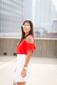 ray ban sunglasses, off the shoulder top, cold shoulder tops, white skirts, summer outfit // a southern drawl