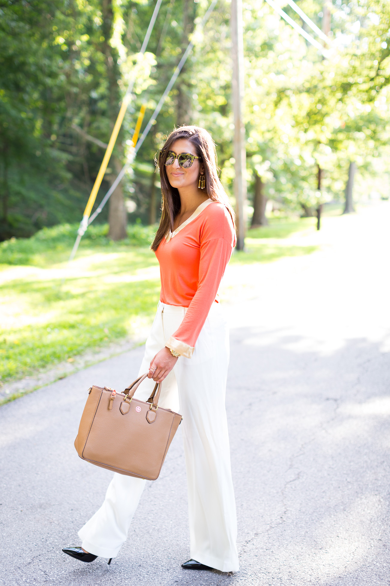 coral tunic, pool coverup, wide trousers, wide leg pants, white trousers, tory burch robinson tote, tassel earrings, work outfit ideas, sophisticated fashion style, business chic // a southern drawl