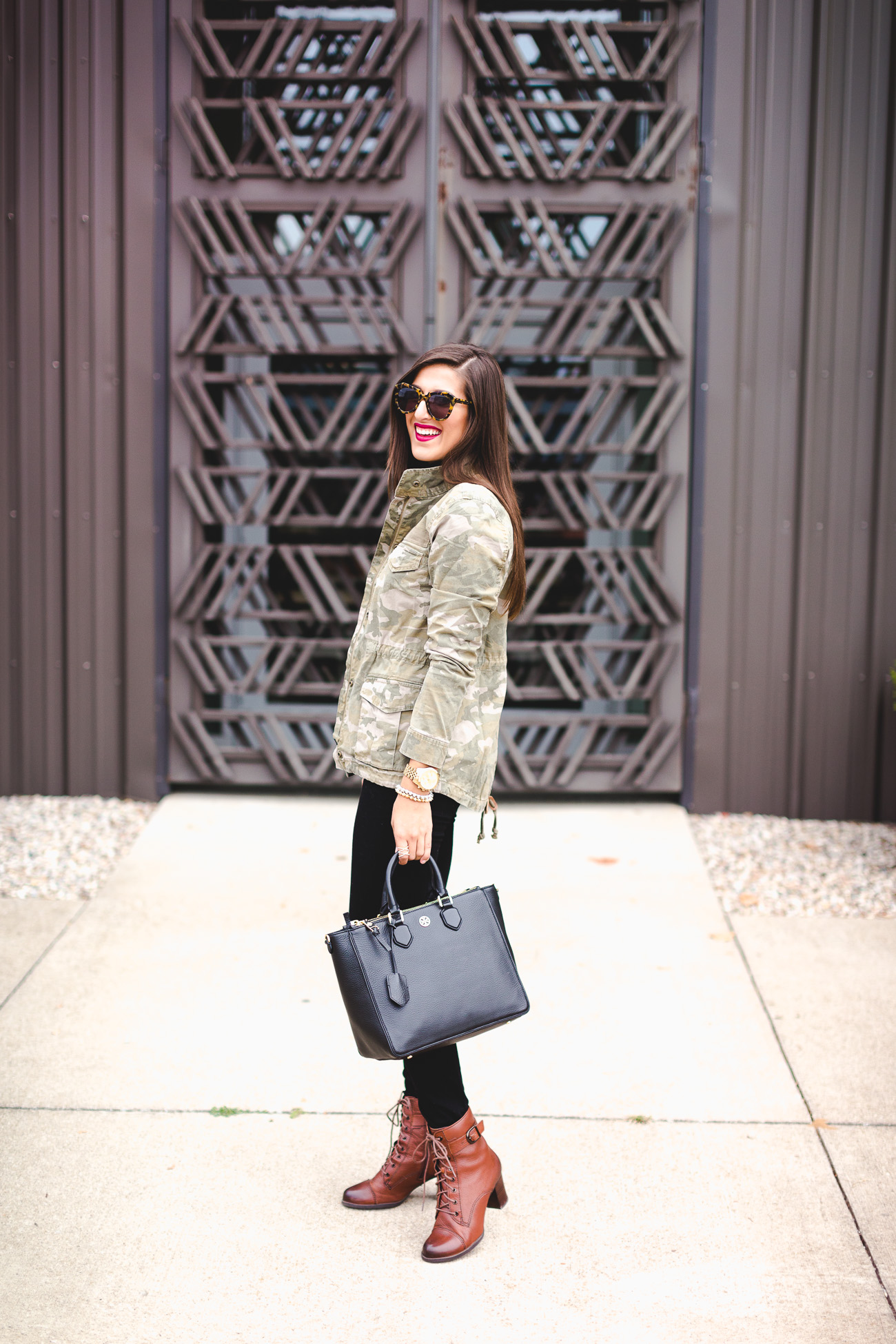 camo jacket, brown combat booties, fall booties, fall fashion, fall style, tory burch robinson tote, monogram necklace // grace wainwright from a southern drawl