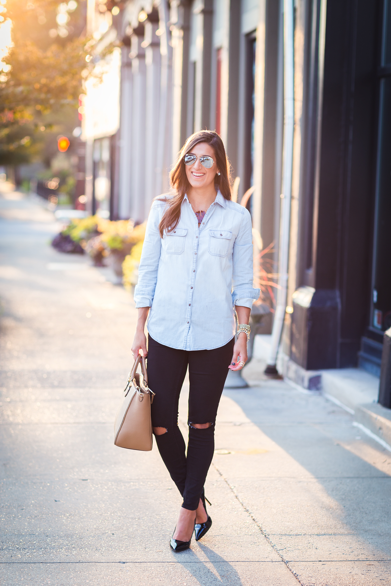 chambray top, distressed skinnies, monogram necklace // fall fashion and style // a southern drawl