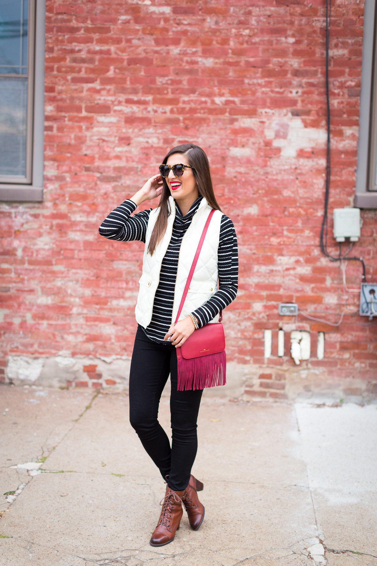 j.crew excursion vest, quilted puffer vest, stripe turtleneck, elaine turner crossbody, lace up booties, fall fashion and style // grace wainwright from a southern drawl