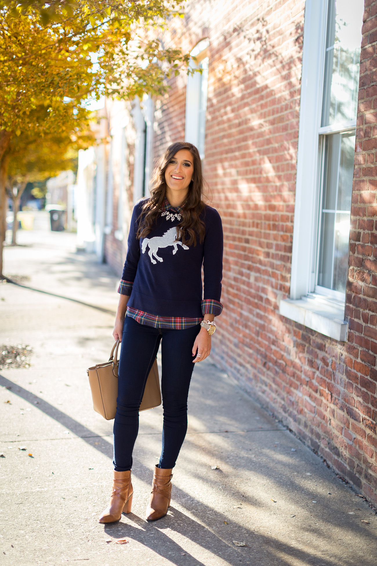 horse sweater, fall style and fashion, fall outfit ideas, tartan plaid, layered fall outfit, brown booties // grace wainwright from a southern drawl