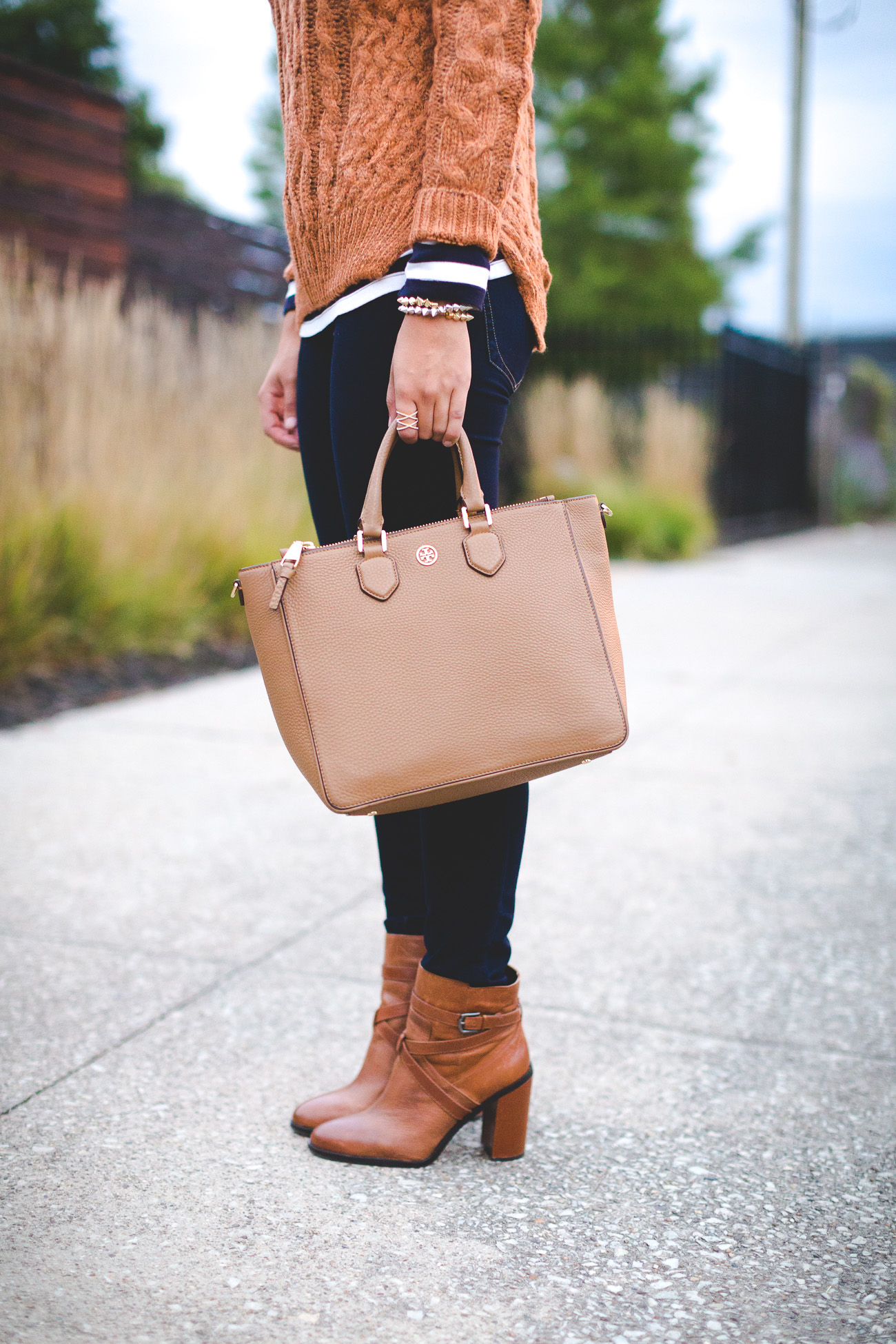 cable knit sweater, knit sweater, stripe turtleneck, fall layers, fall fashion, fall style, fall outfit ideas, cute fall outfit, brown booties, tory burch tote // grace wainwright from a southern drawl