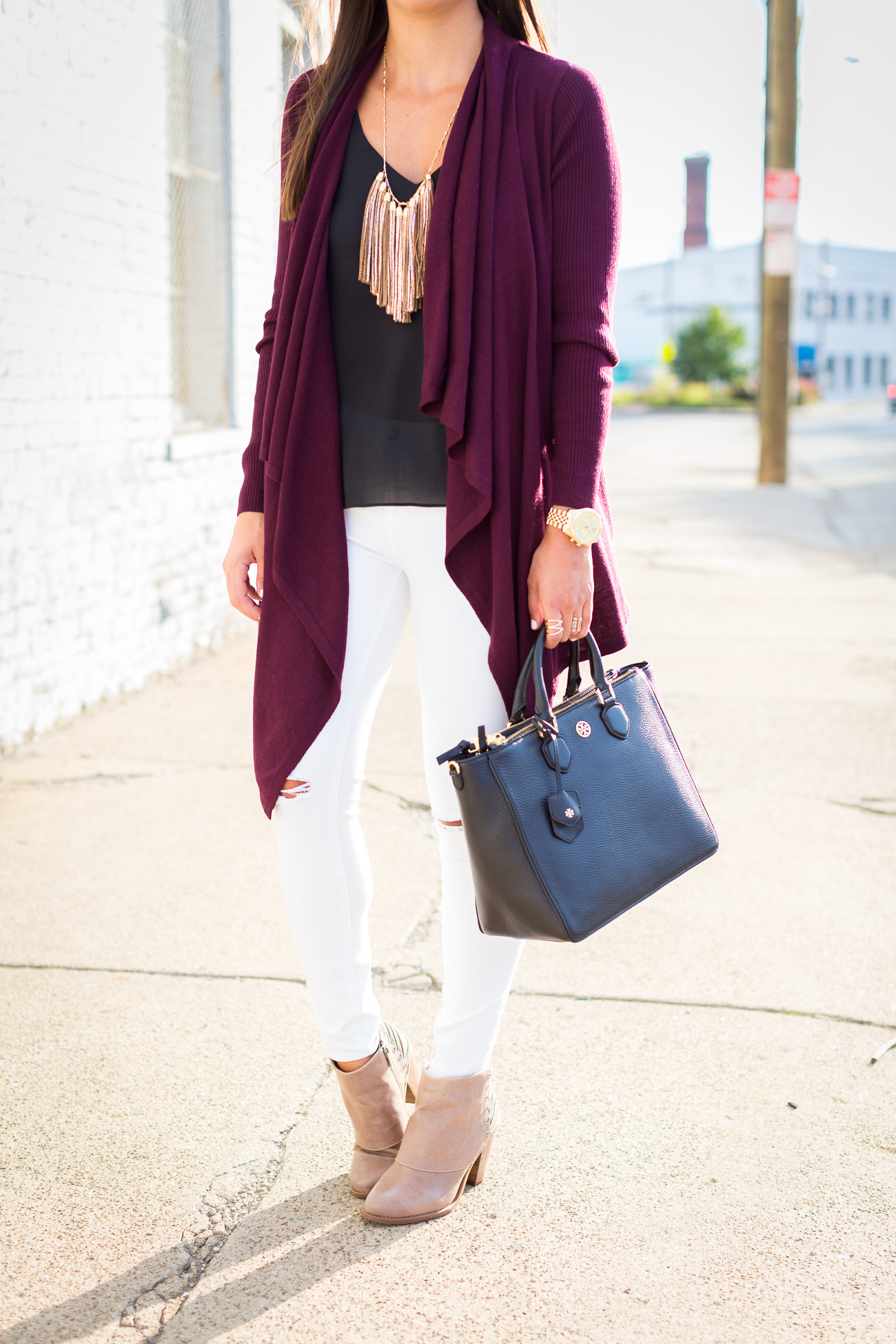 open front cardigan, burgundy sweater, fall sweater, fall outfit, fall fashion, fall style, drape sweater, drape cardigan, tassel necklace, taupe booties, fall booties // a southern drawl