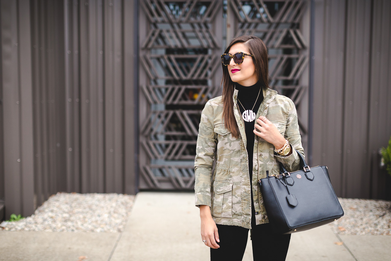camo jacket, brown combat booties, fall booties, fall fashion, fall style, tory burch robinson tote, monogram necklace // grace wainwright from a southern drawl
