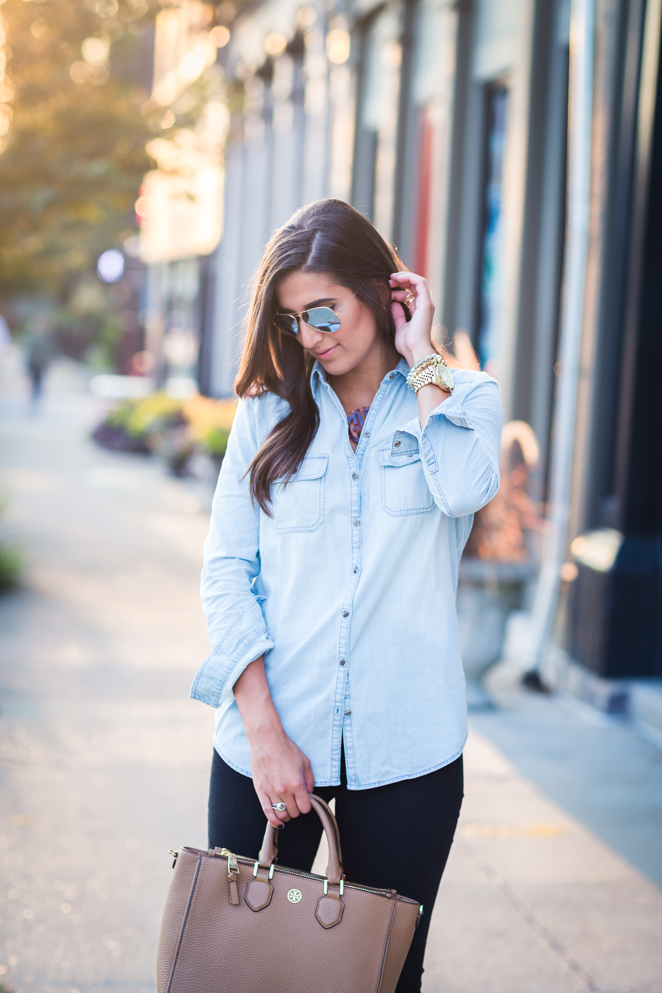 fall fashion, chambray top, tory burch robinson tote, monogram necklace // a southern drawl