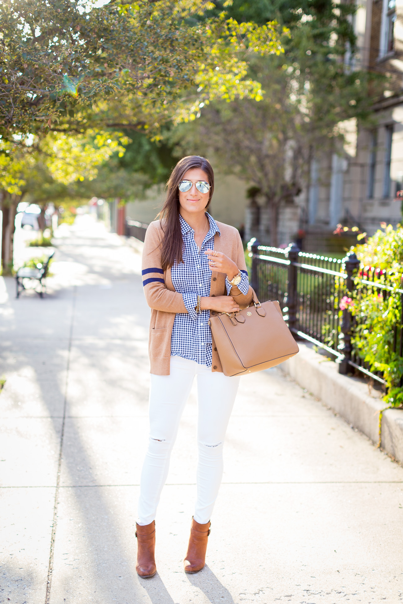 varsity sweater, gingham shirt, fall outfit ideas, fall style // a southern drawl