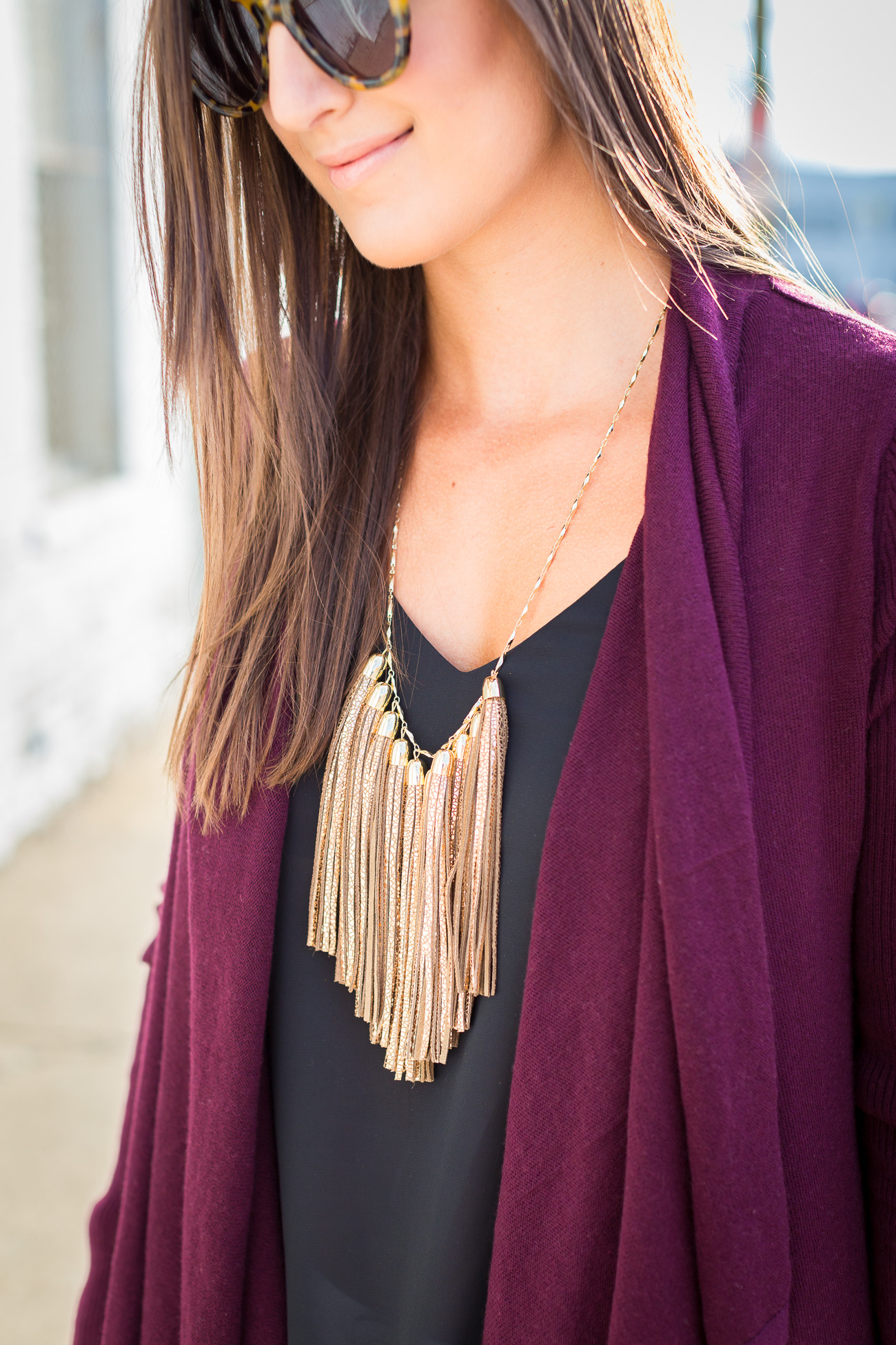 open front cardigan, burgundy sweater, fall sweater, fall outfit, fall fashion, fall style, drape sweater, drape cardigan, tassel necklace, baublebar necklace // a southern drawl