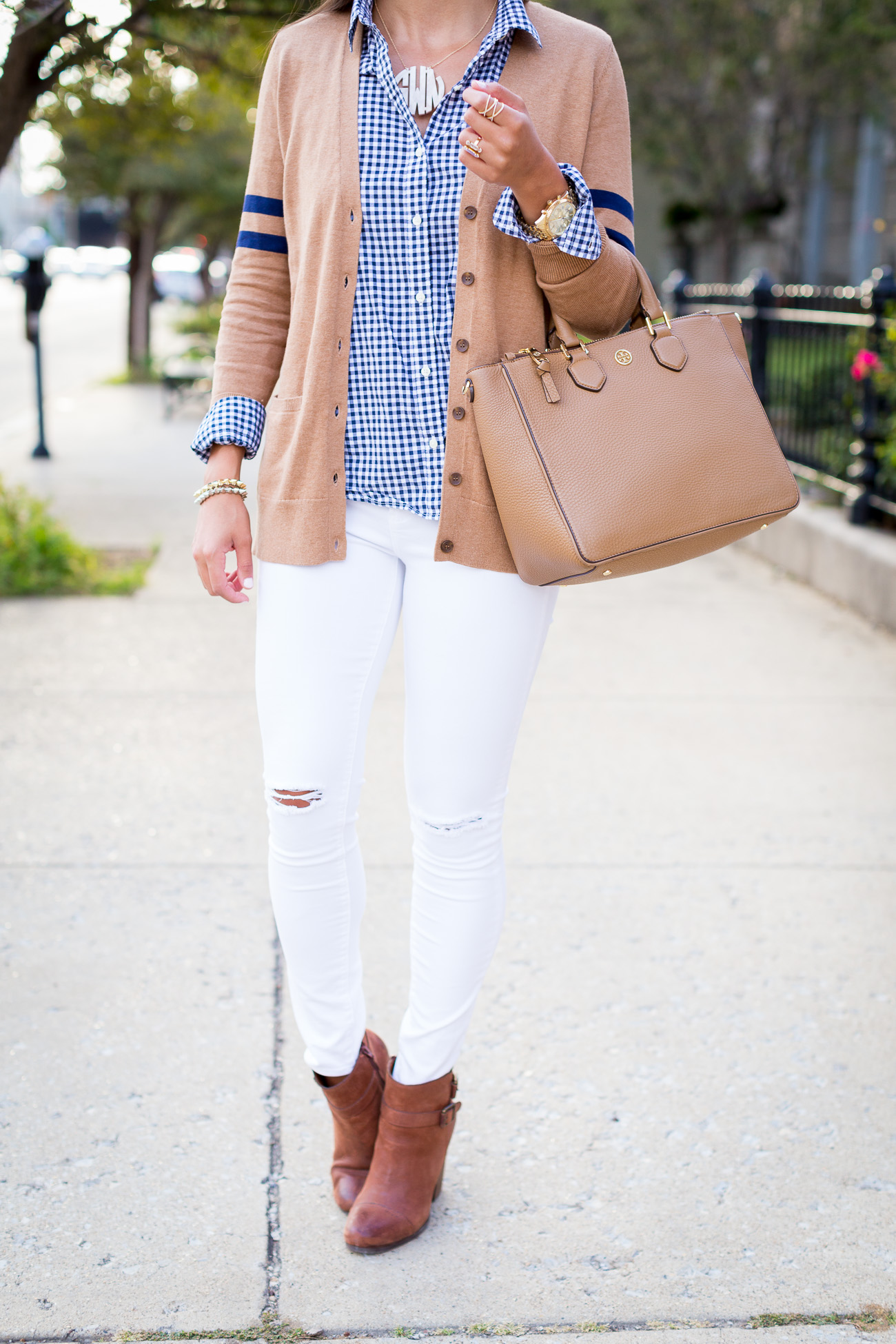 varsity sweater, gingham shirt, fall outfit ideas, fall fashion // a southern drawl