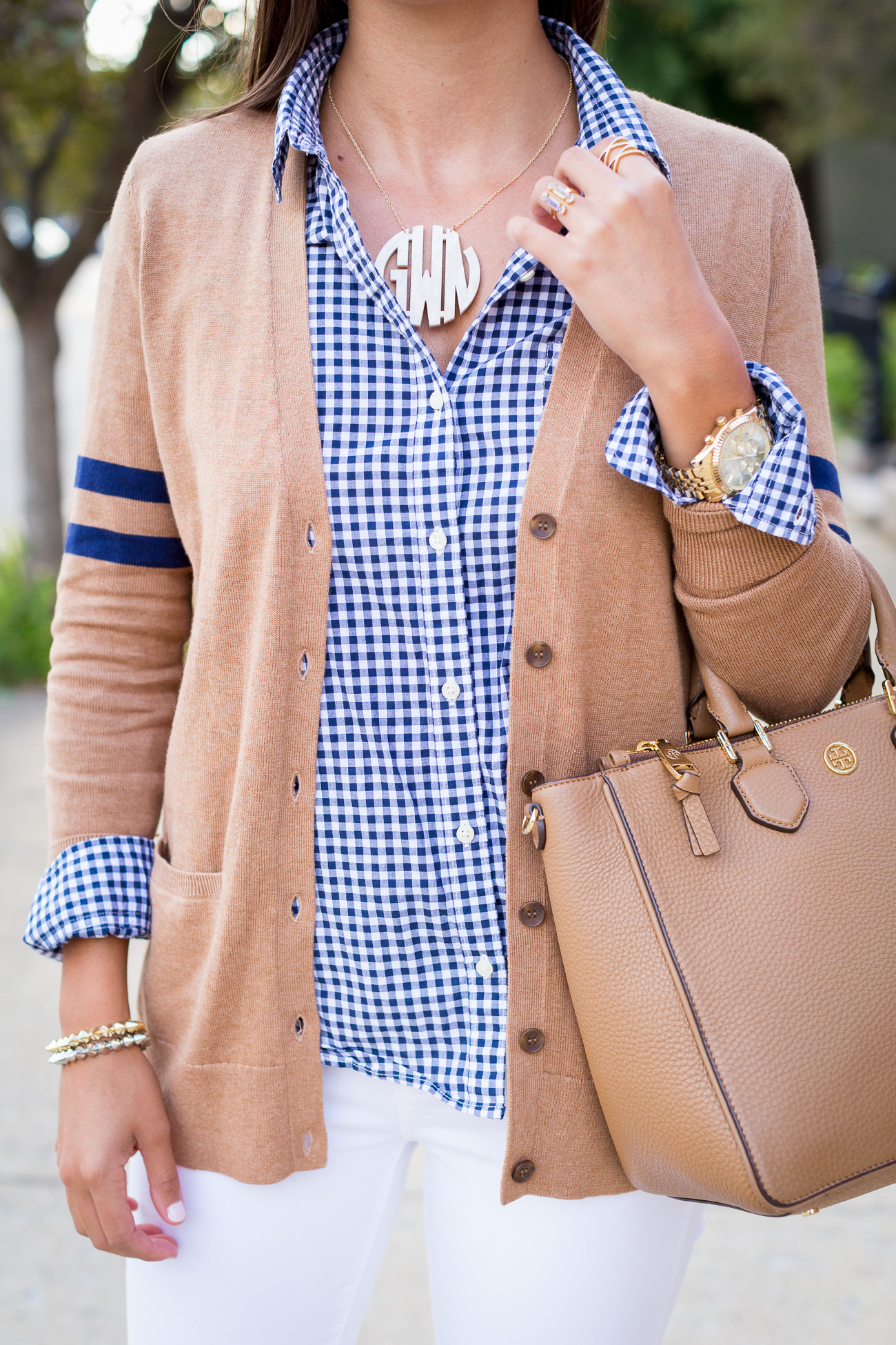 varsity sweater, gingham shirt, fall outfit ideas, monogram necklace // a southern drawl