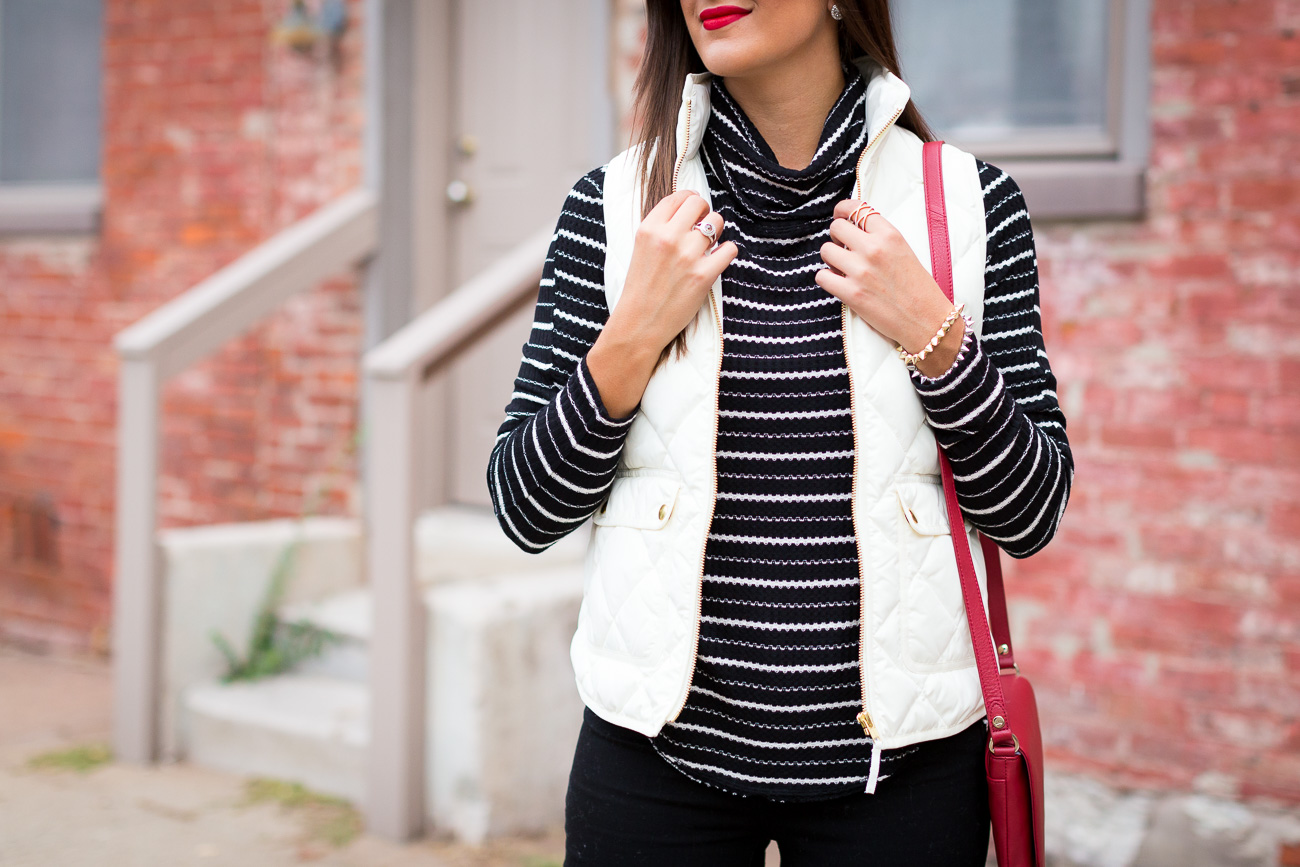 j.crew excursion vest, quilted puffer vest, stripe turtleneck, elaine turner crossbody, lace up booties, fall fashion and style, fringe crossbody bag // grace wainwright from a southern drawlj.crew excursion vest, quilted puffer vest, stripe turtleneck, elaine turner crossbody, lace up booties, fall fashion and style // grace wainwright from a southern drawl