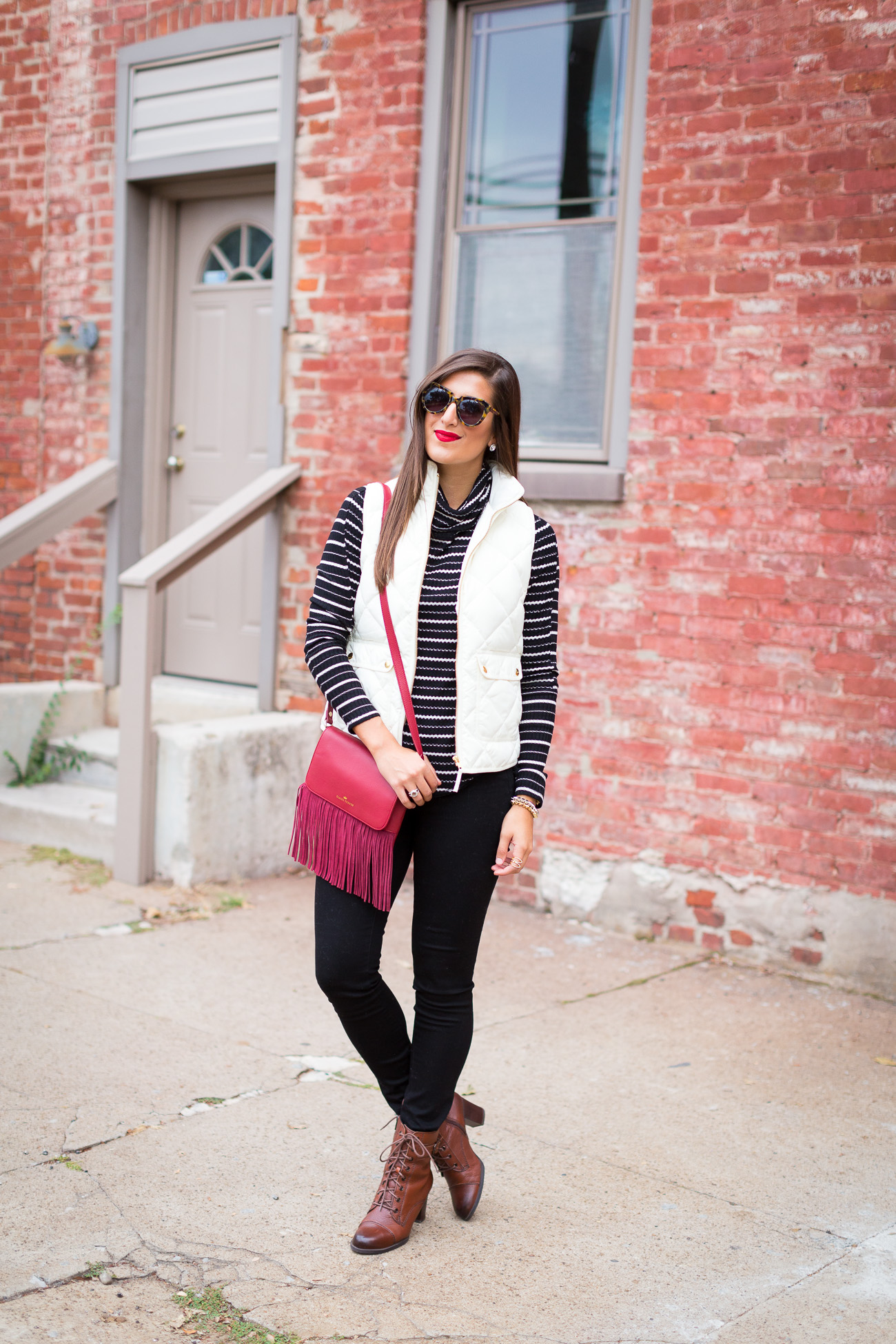 j.crew excursion vest, quilted puffer vest, stripe turtleneck, elaine turner crossbody, lace up booties, fall fashion and style, fringe crossbody bag // grace wainwright from a southern drawlj.crew excursion vest, quilted puffer vest, stripe turtleneck, elaine turner crossbody, lace up booties, fall fashion and style // grace wainwright from a southern drawl