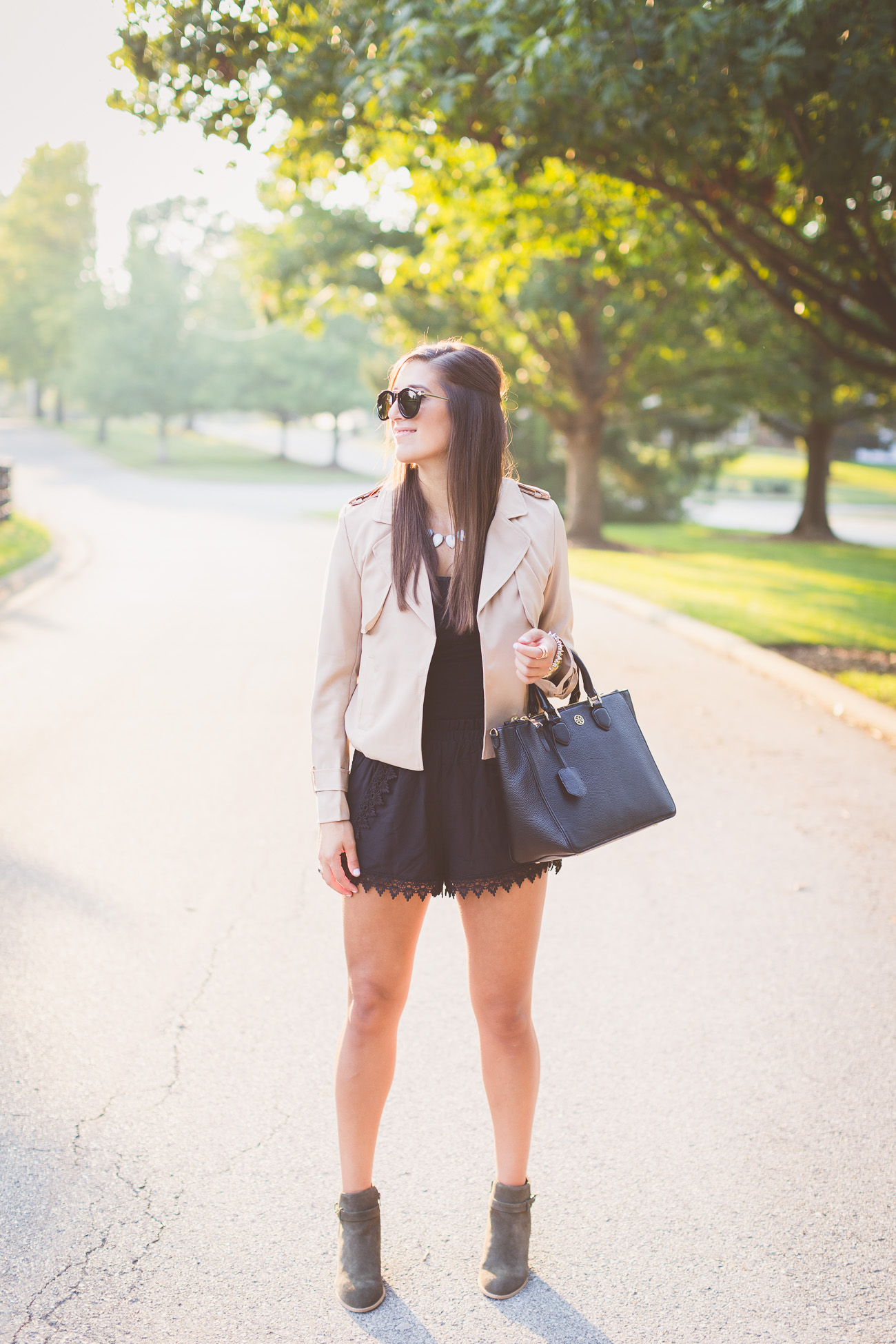 fall fashion and style, tory burch robinson tote, fall outfit ideas, suede booties, karen walker harvest sunglasses // Grace Wainwright from A Southern Drawl