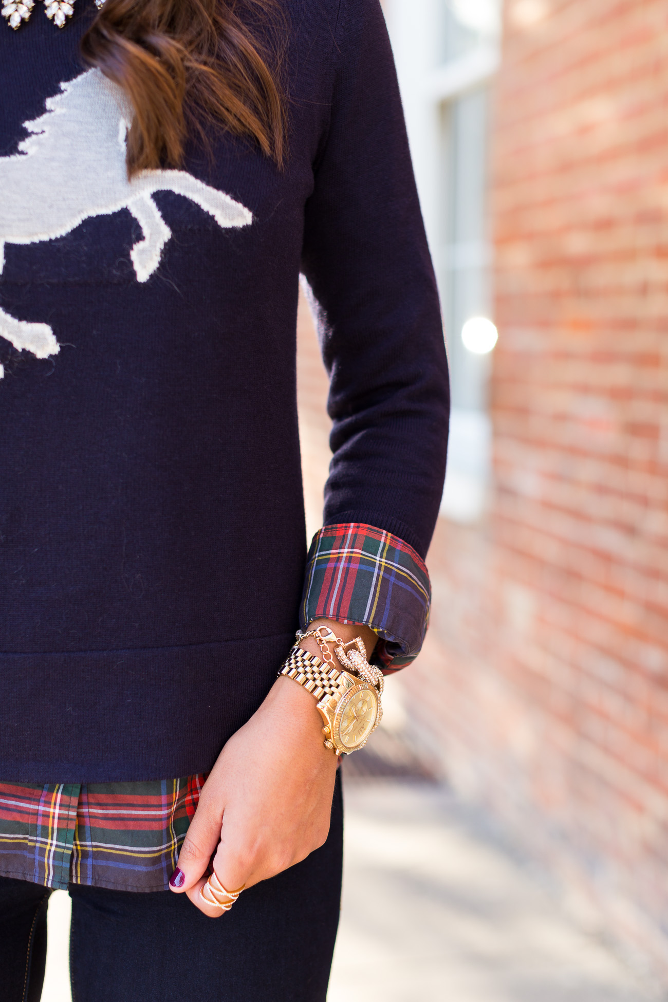 horse sweater, fall style and fashion, fall outfit ideas, tartan plaid, layered fall outfit, brown booties // grace wainwright from a southern drawl