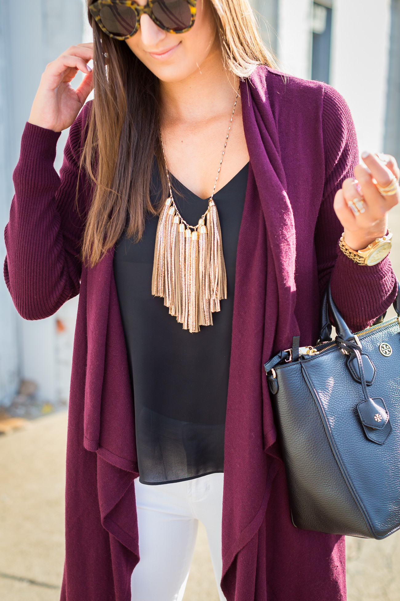 open front cardigan, burgundy sweater, fall sweater, fall outfit, fall fashion, fall style, drape sweater, drape cardigan, tassel necklace, baublebar necklace // a southern drawl