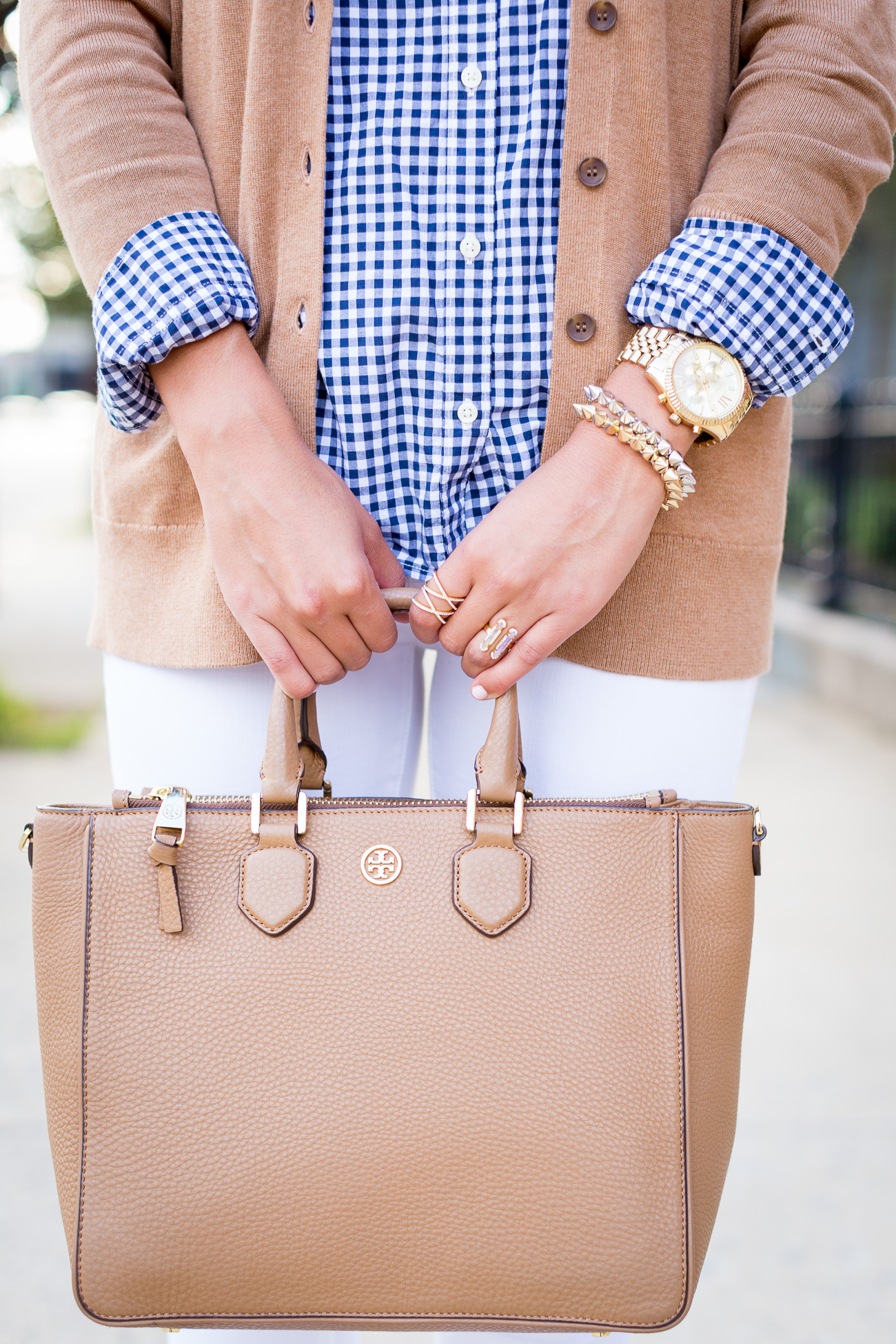 varsity sweater, gingham shirt, fall outfit ideas, tory burch tote // a southern drawl