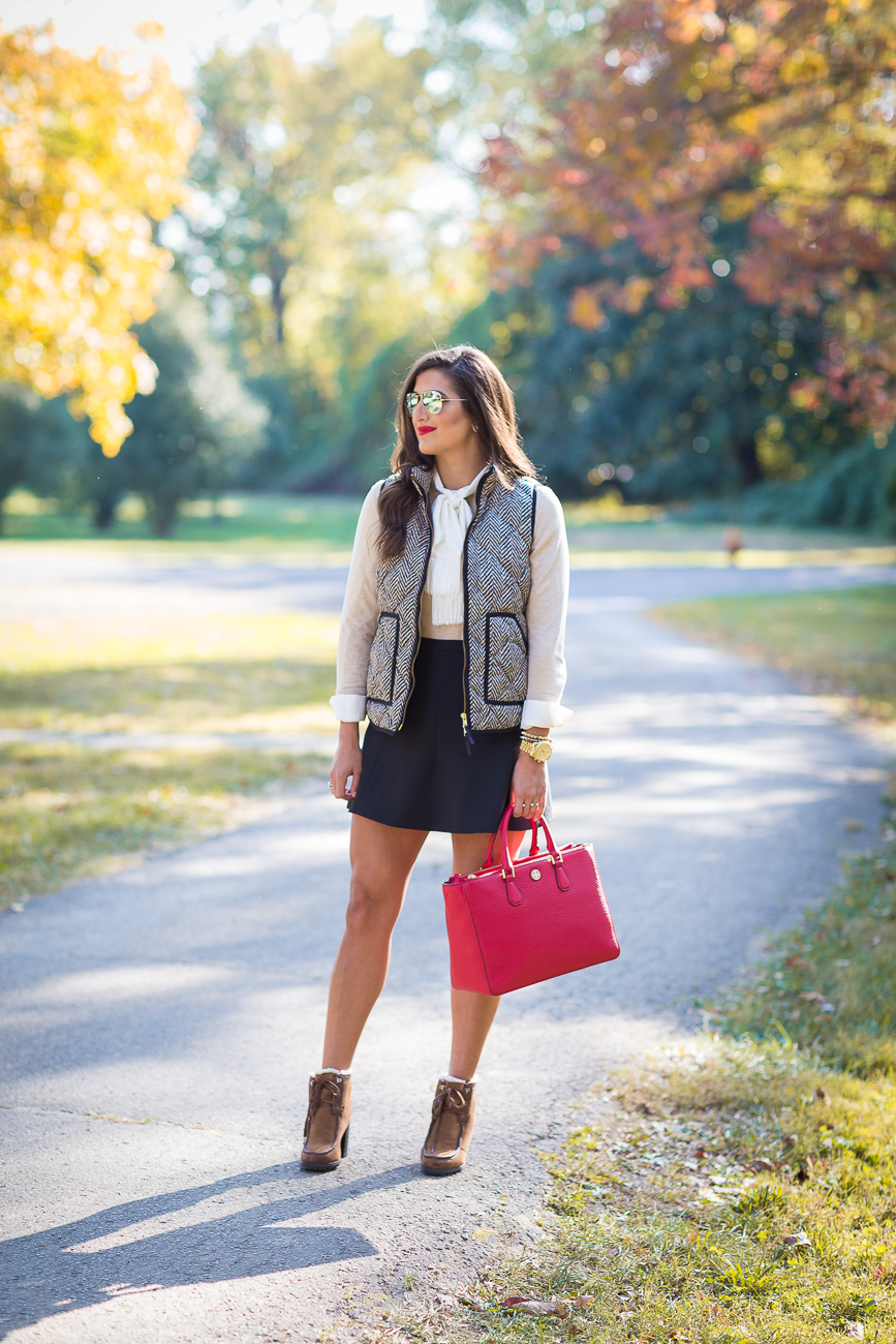 herringbone vest, brown booties, red tory burch tote, red tote, bow shirt, bow blouse, fall fashion, herringbone puffer vest // grace wainwright from a southern drawl