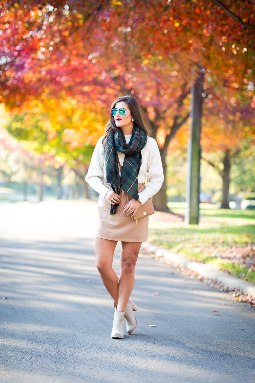 camel skirt, fall fashion and style, plaid scarf, blanket scarf, chunky knit sweater, gray booties, fall leaves, preppy fall outfit, sole society scarf // grace wainwright from a southern drawl