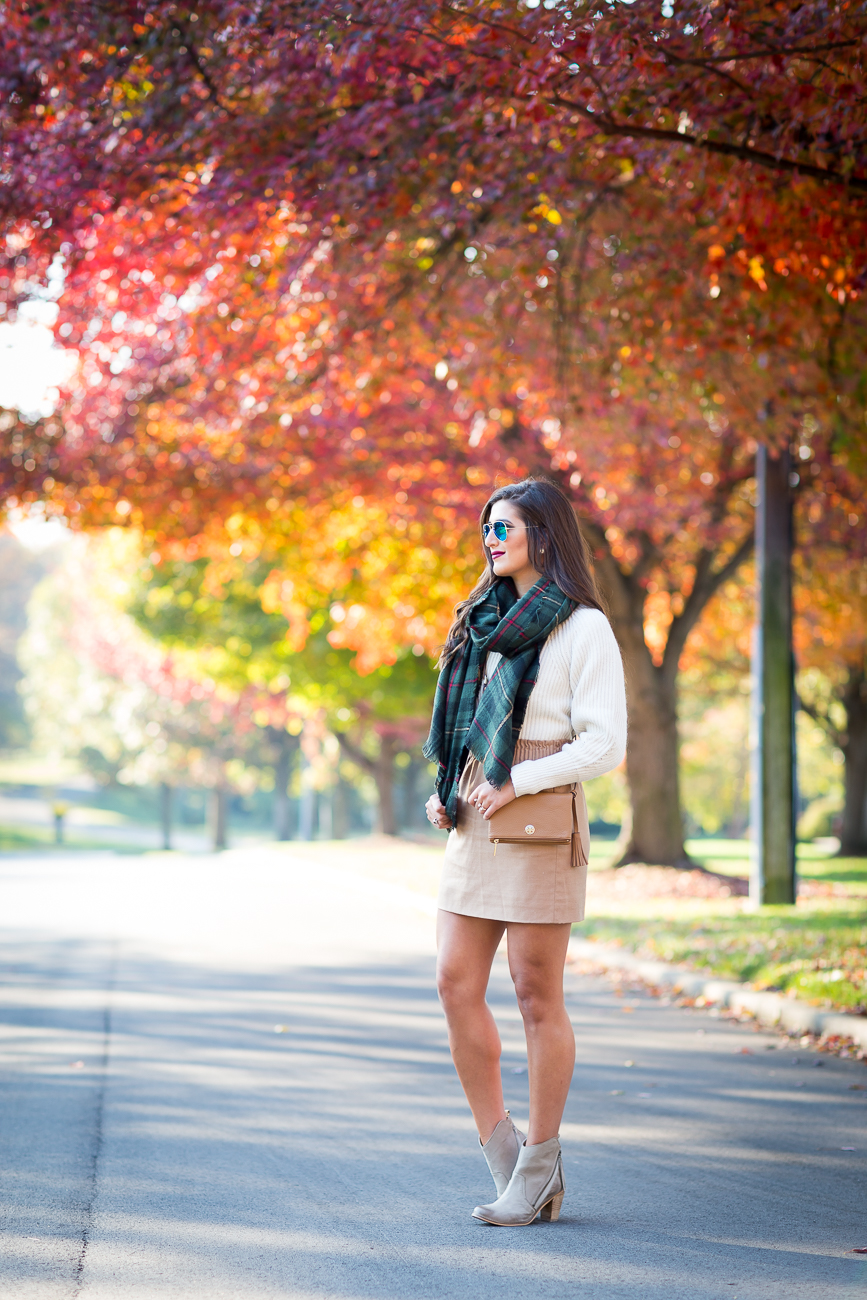 camel skirt, fall fashion and style, plaid scarf, blanket scarf, chunky knit sweater, gray booties, fall leaves, preppy fall outfit, sole society scarf // grace wainwright from a southern drawl