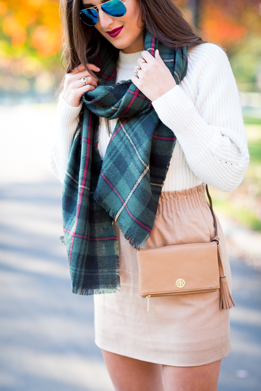 camel skirt, fall fashion and style, plaid scarf, blanket scarf, chunky knit sweater, gray booties, fall leaves, preppy fall outfit, sole society scarf // grace wainwright from a southern drawl