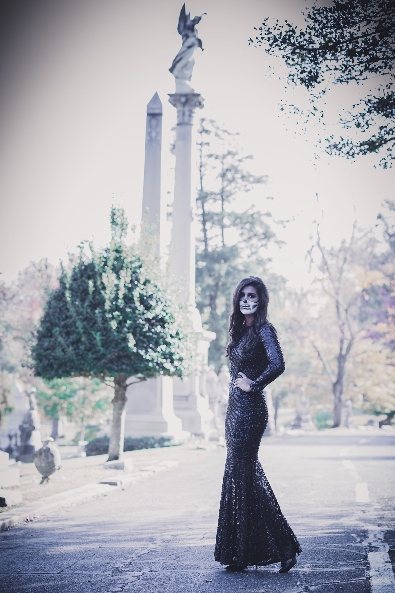 skeleton makeup, skeleton costume, half skeleton makeup, halloween makeup ideas, black sequins dress, black sequins gown, sequin gown, halloween costume ideas, womens halloween costumes, cave hill cemetery, cute halloween costume ideas // grace wainwright from a southern drawl