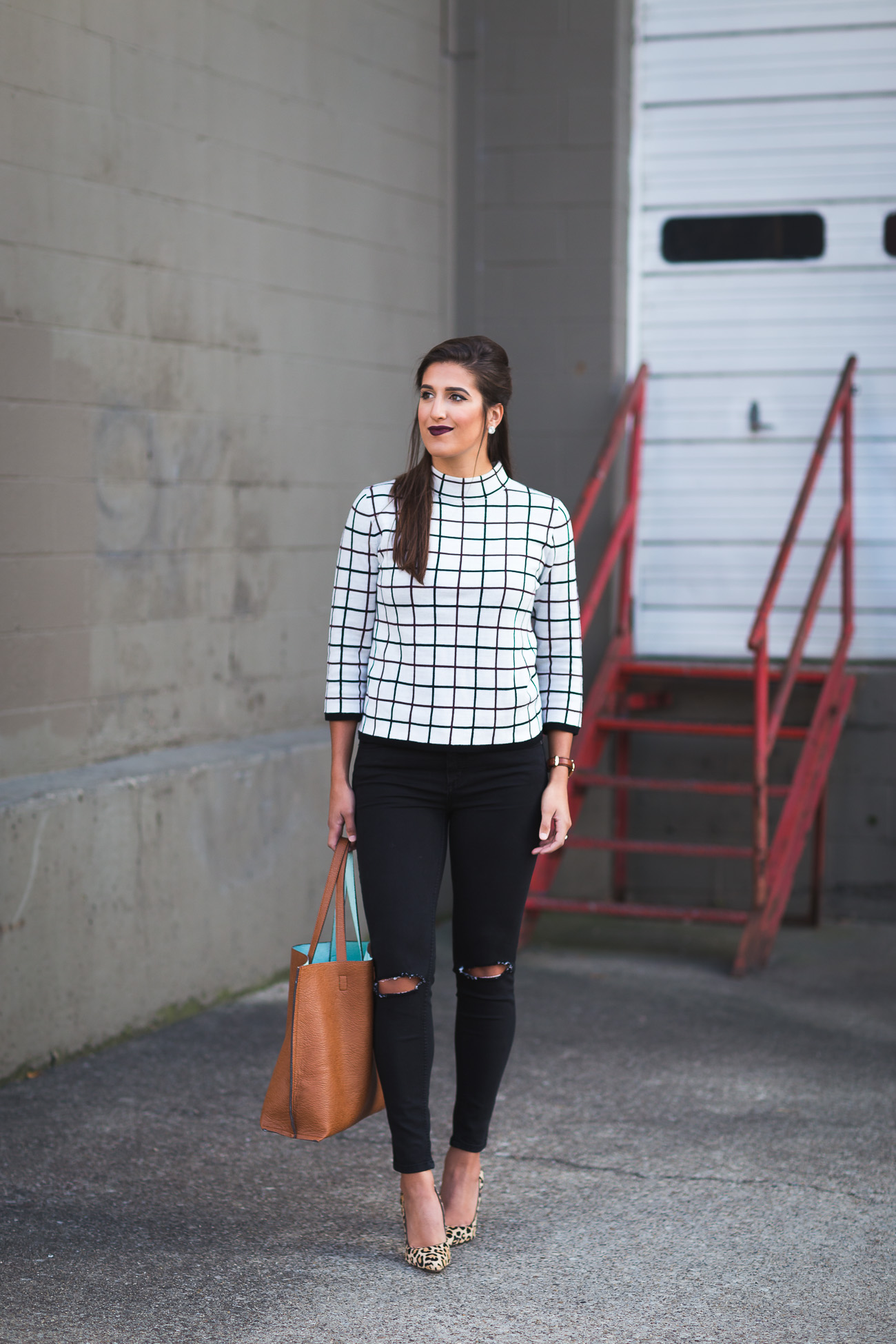 cute fall outfit, fall outfit ideas, fall fashion, fall style, windowpane print, windowpane sweater, nordstrom sweater, halogen sweater, dark lipstick, calf hair pumps, leopard pumps, distressed skinny jeans, vegan tote, fall outfit ideas // grace wainwright from a southern drawl