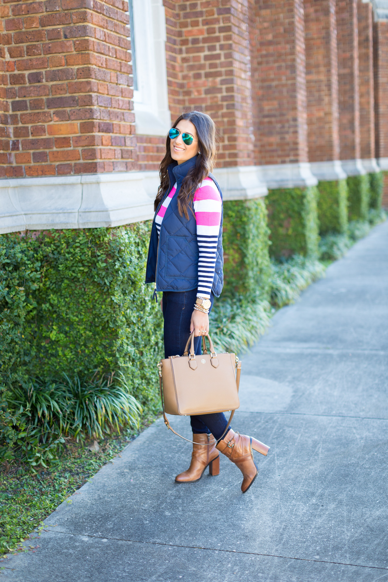 lilly pulitzer, stripe sweater, quilted vest, puffer vest, cognac booties, fall fashion // grace wainwright from a southern drawl