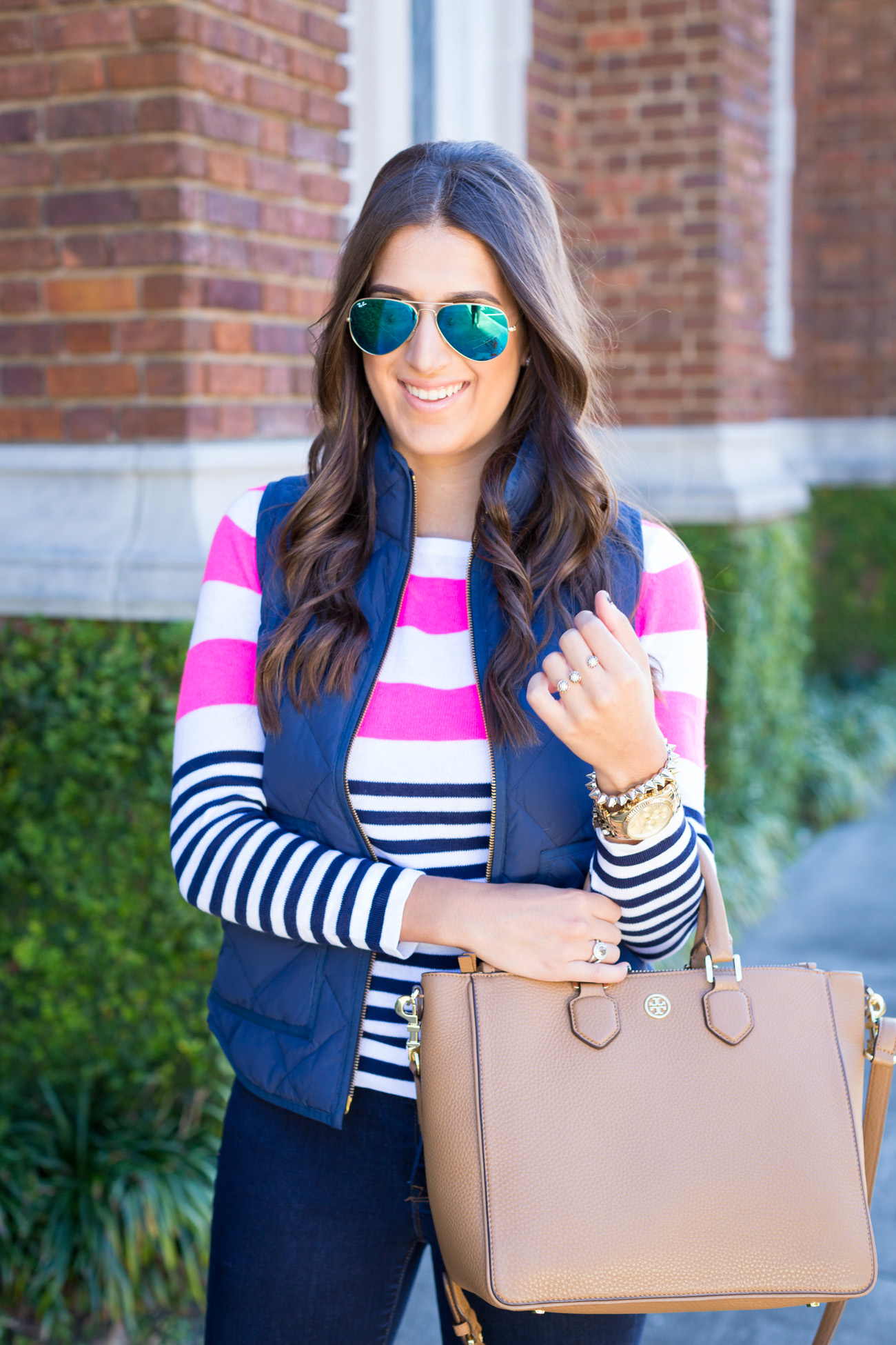 lilly pulitzer, stripe sweater, quilted vest, puffer vest, cognac booties, fall fashion // grace wainwright from a southern drawl