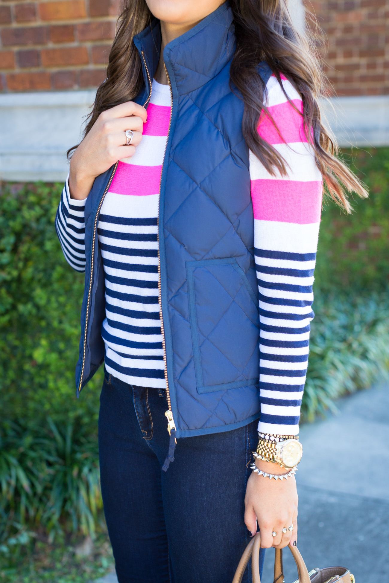 lilly pulitzer, stripe sweater, quilted vest, puffer vest, cognac booties, fall fashion // grace wainwright from a southern drawl
