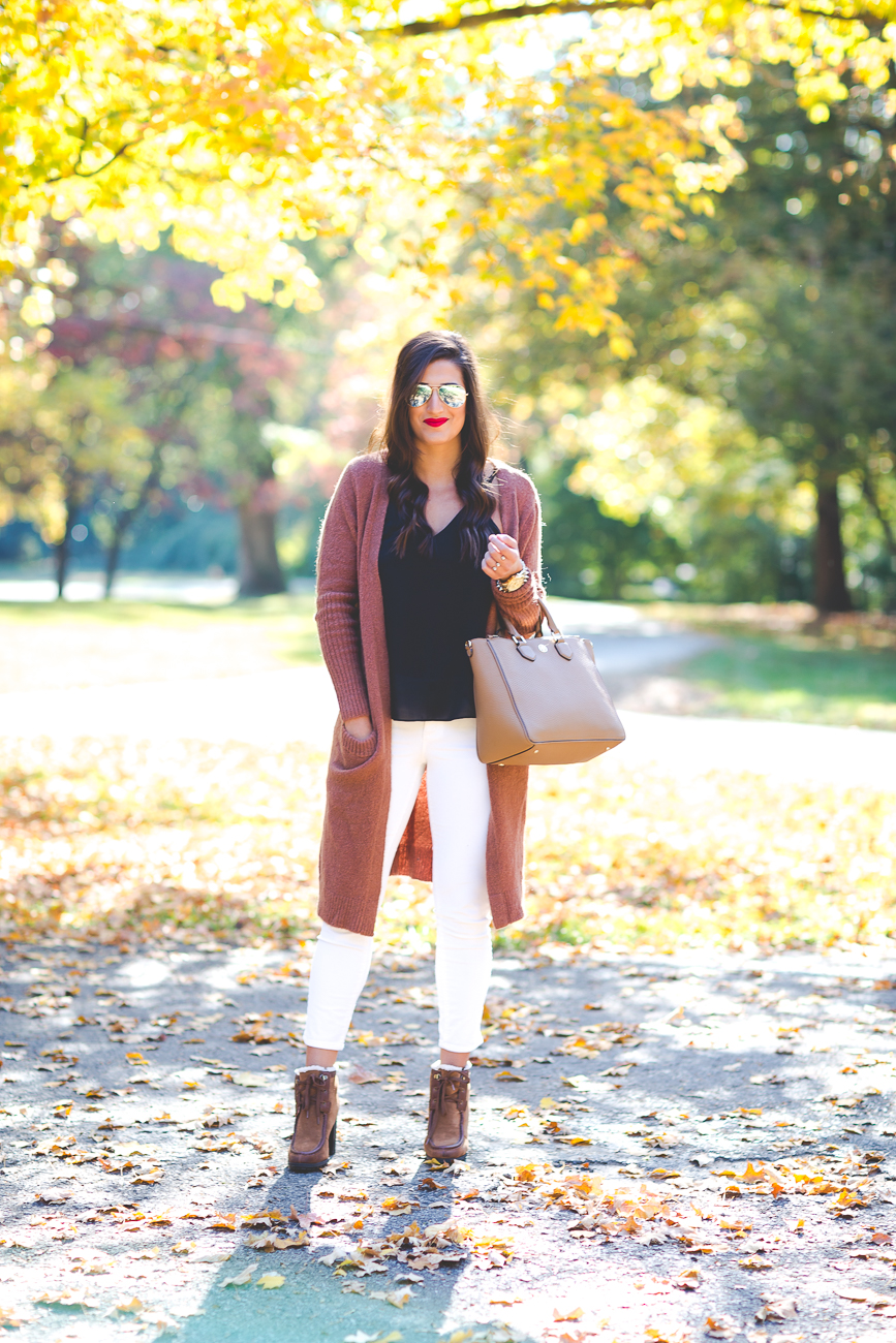 long cardigan, chicwish outfit, ivory corduroys, fall booties, fall fashion, fall leaves // grace wainwright from a southern drawl