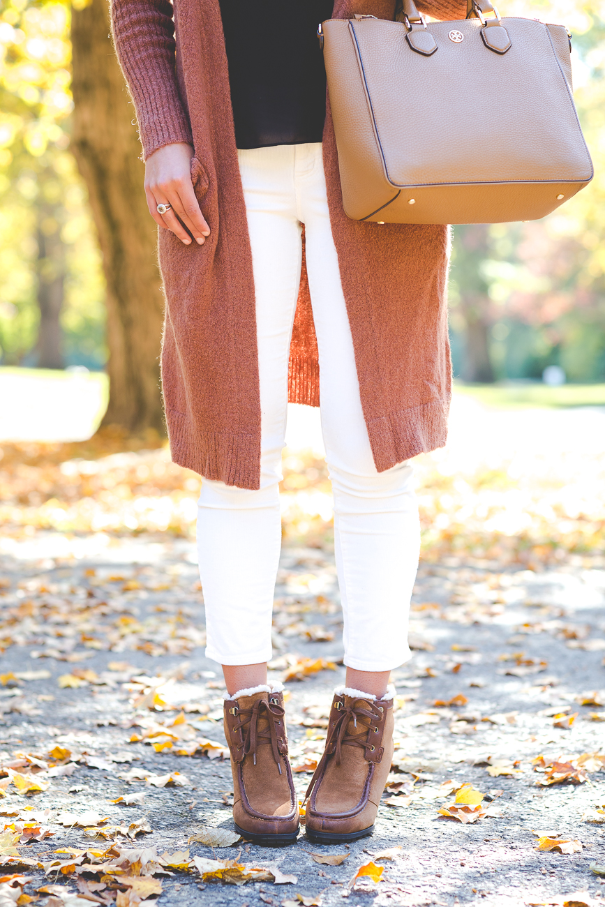 long cardigan, chicwish outfit, ivory corduroys, fall booties, fall fashion, fall leaves // grace wainwright from a southern drawl