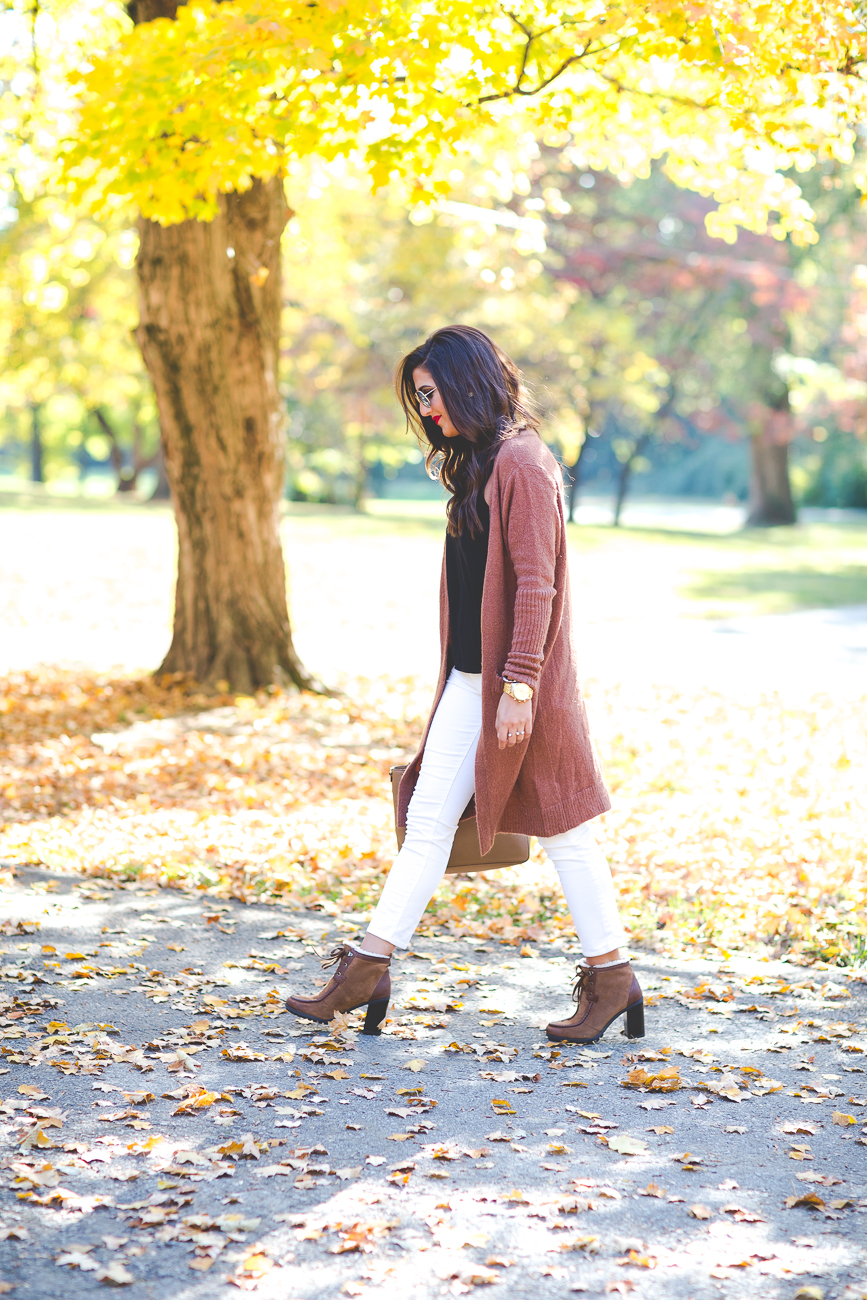 long cardigan, chicwish outfit, ivory corduroys, fall booties, fall fashion, fall leaves // grace wainwright from a southern drawl