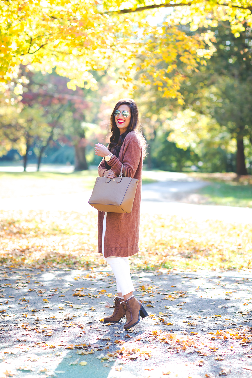 long cardigan, chicwish outfit, ivory corduroys, fall booties, fall fashion, fall leaves // grace wainwright from a southern drawl