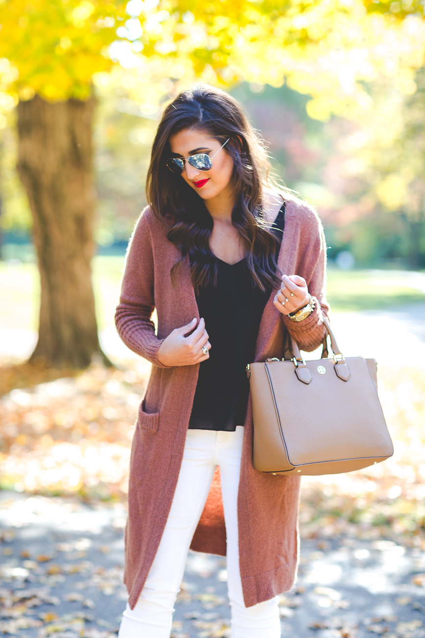 long cardigan, chicwish outfit, ivory corduroys, fall booties, fall fashion, fall leaves // grace wainwright from a southern drawl