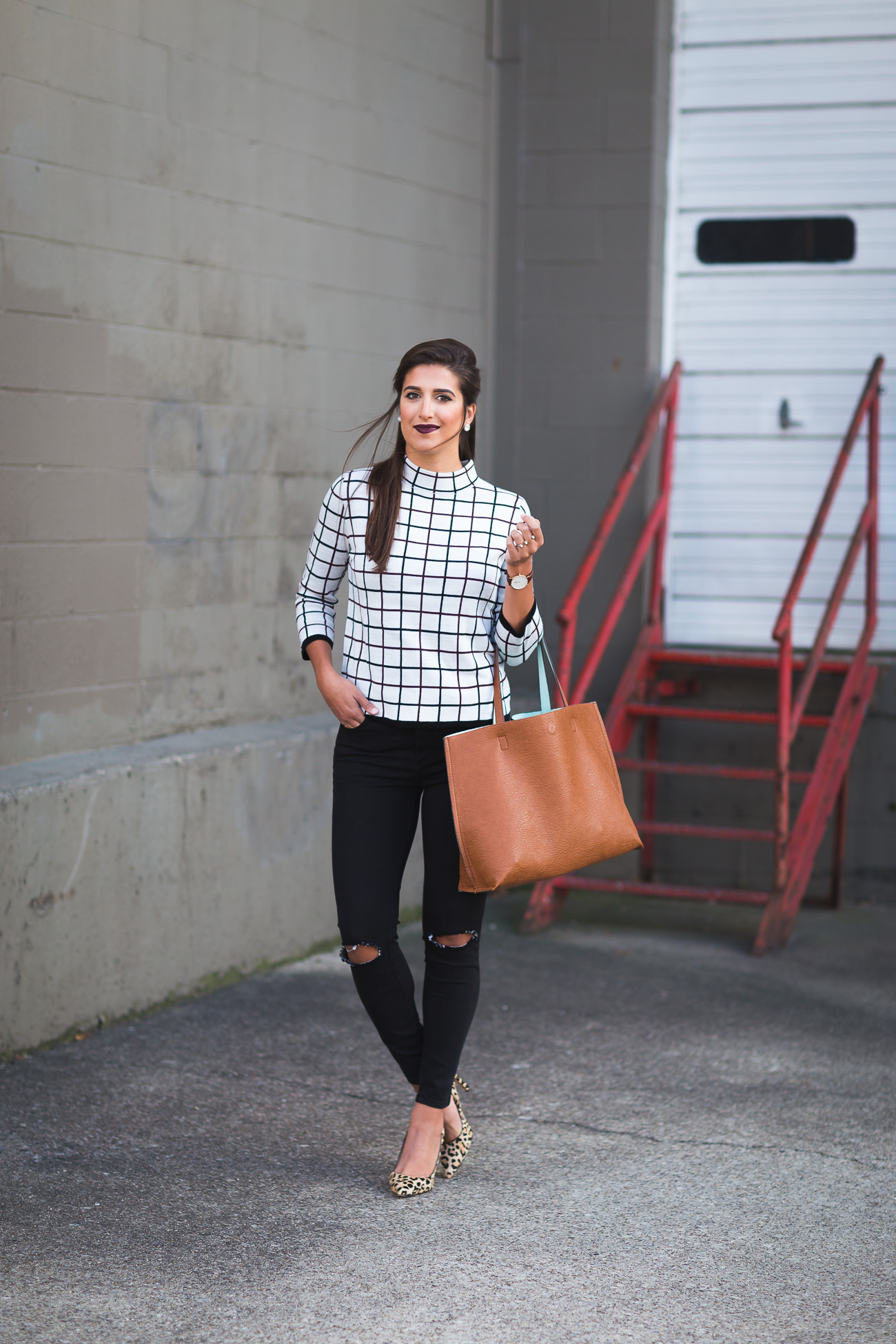 cute fall outfit, fall outfit ideas, fall fashion, fall style, windowpane print, windowpane sweater, nordstrom sweater, halogen sweater, dark lipstick, calf hair pumps, leopard pumps, distressed skinny jeans, vegan tote, fall outfit ideas // grace wainwright from a southern drawl