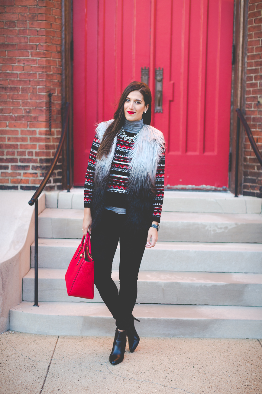 fur vest, fair isle sweater, holiday outfit, christmas outfit, holiday fashion, winter fashion, winter style, what to wear to holiday party, fair isle sweater, red tory burch tote // grace wainwright from a southern drawl