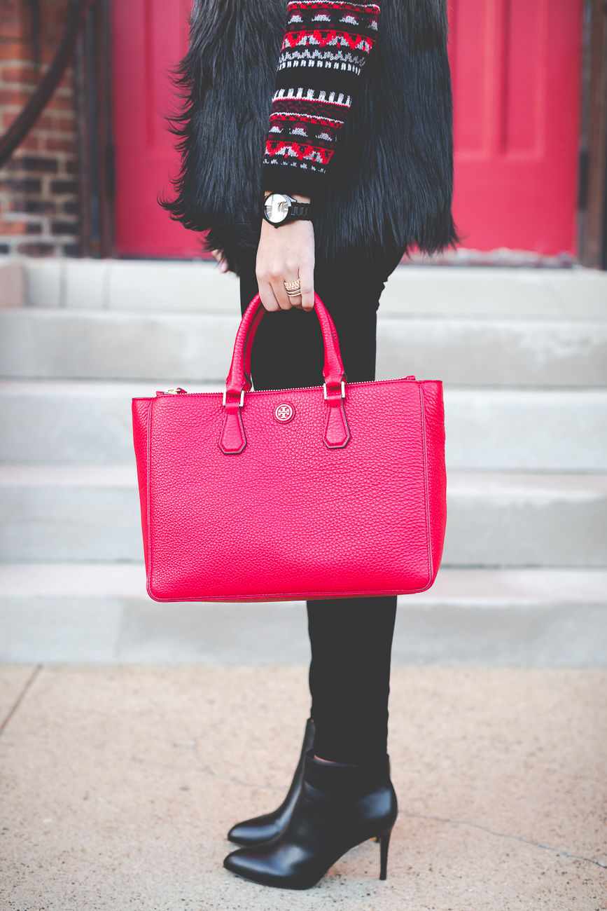 fur vest, fair isle sweater, holiday outfit, christmas outfit, holiday fashion, winter fashion, winter style, what to wear to holiday party, fair isle sweater, red tory burch tote // grace wainwright from a southern drawl