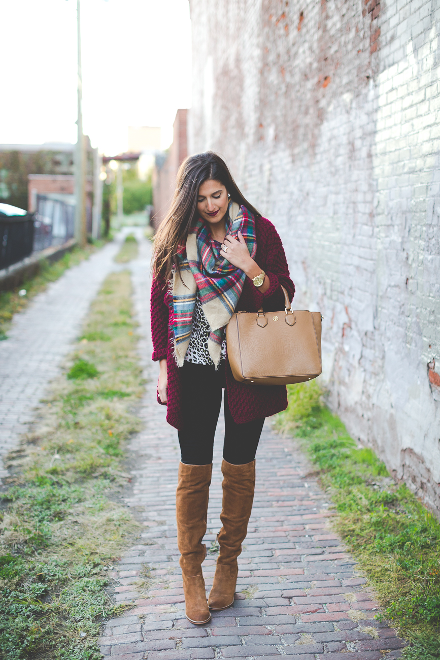 plaid blanket scarf, wine chunky knit, chunky cardigan, fall style, over the knee boots, on sale boots, blanket scarf, tory burch robinson pebbled multi tote // grace wainwright from a southern drawl