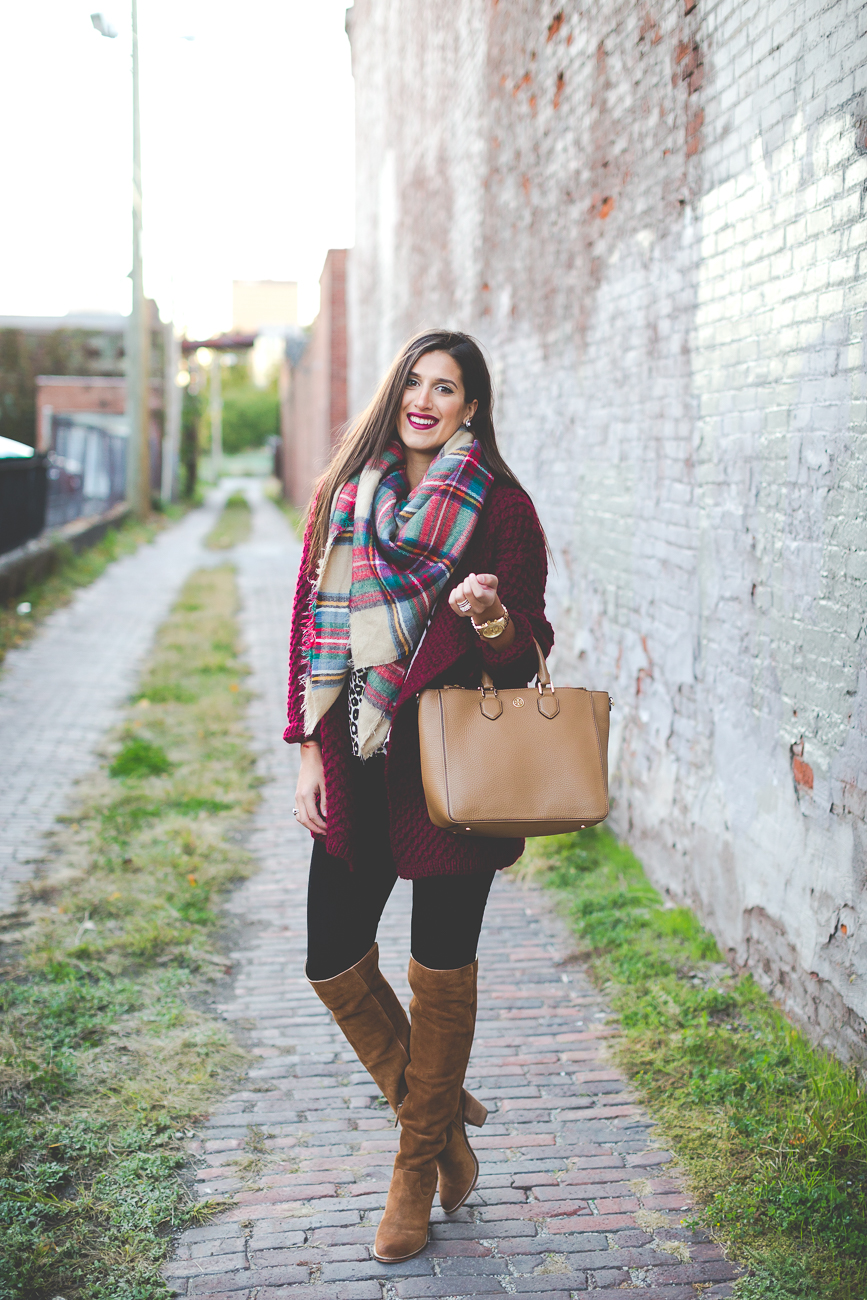 plaid blanket scarf, wine chunky knit, chunky cardigan, fall style, over the knee boots, on sale boots, blanket scarf, tory burch robinson pebbled multi tote // grace wainwright from a southern drawl