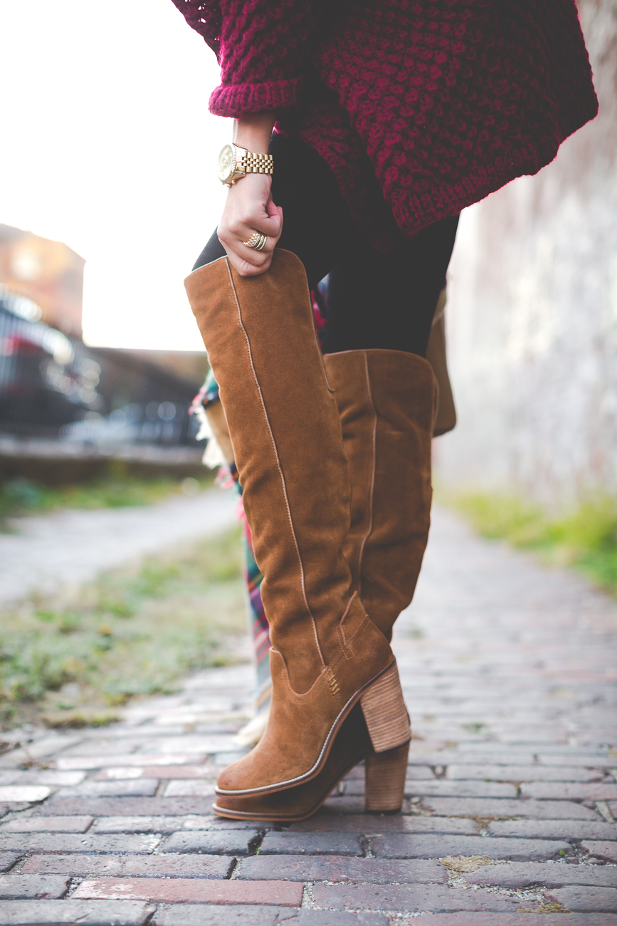 dolce vita over the knee boots, plaid blanket scarf, wine chunky knit, chunky cardigan, fall style, over the knee boots, on sale boots, blanket scarf, tory burch robinson pebbled multi tote // grace wainwright from a southern drawl