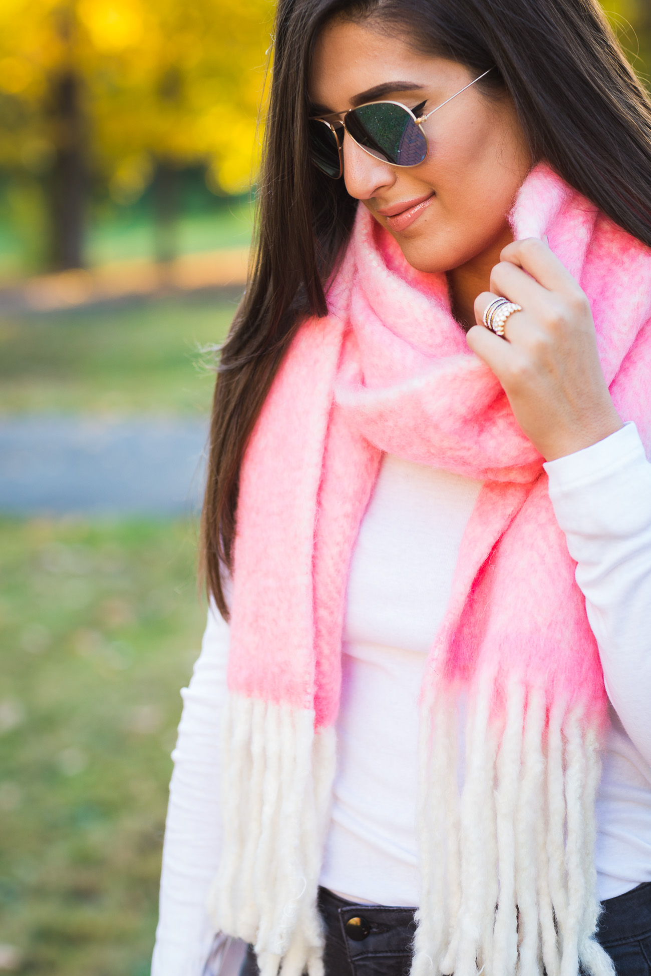 oversized scarf, anthropologie scarf, anthropologie outfit, fall style, fall fashion, pink scarf, blanket scarf, pink blanket scarf, gray distressed denim,  tory burch slouchy satchel, fall outfit ideas // grace wainwright from a southern drawl
