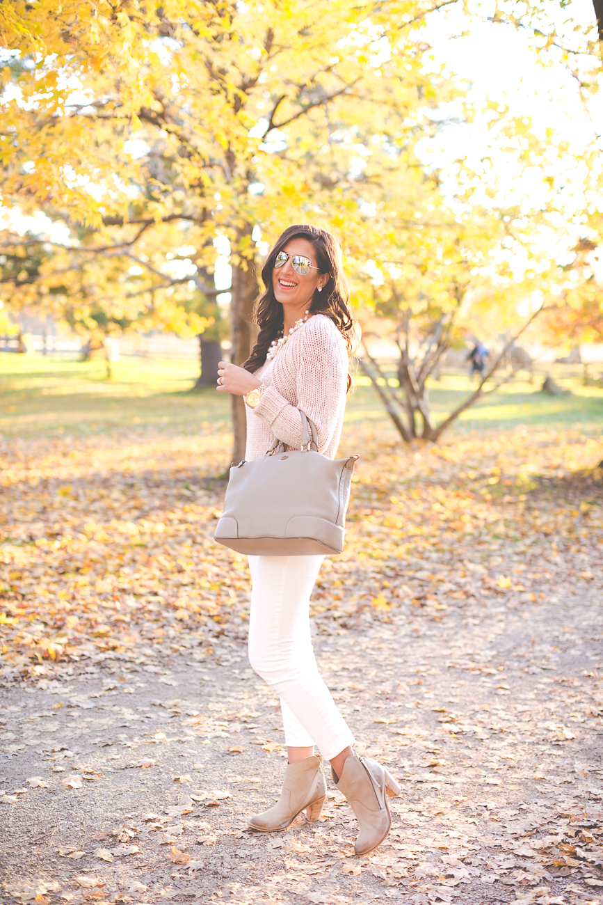 blush pink sweater, fall knit sweater, fall preppy outfit, preppy fall outfit, pearl statement necklace, ivory corduroys, gray booties, tory burch slouchy satchel // grace wainwright from a southern drawl