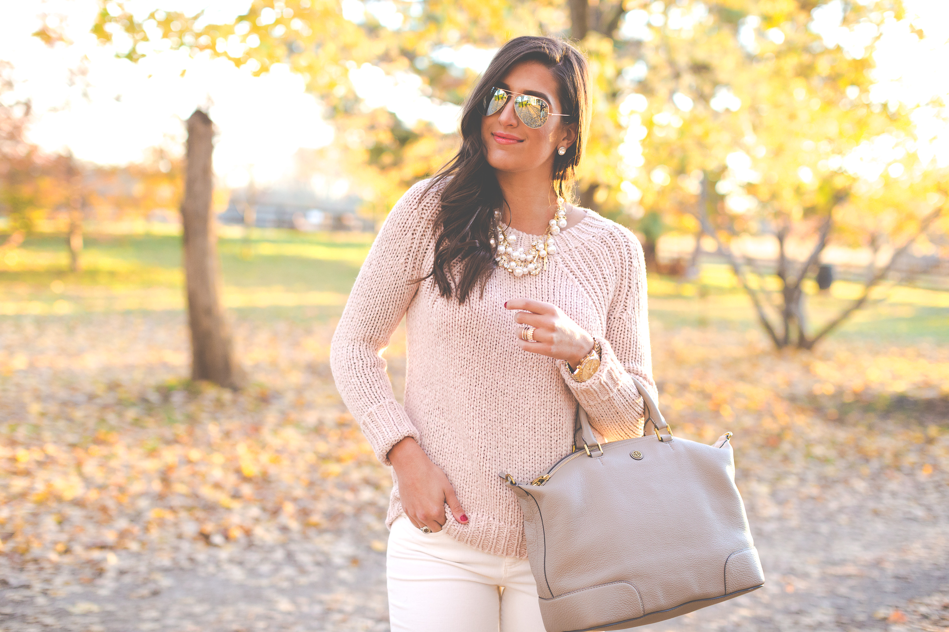 blush pink sweater, fall knit sweater, fall preppy outfit, preppy fall outfit, pearl statement necklace, ivory corduroys, gray booties, tory burch slouchy satchel // grace wainwright from a southern drawl