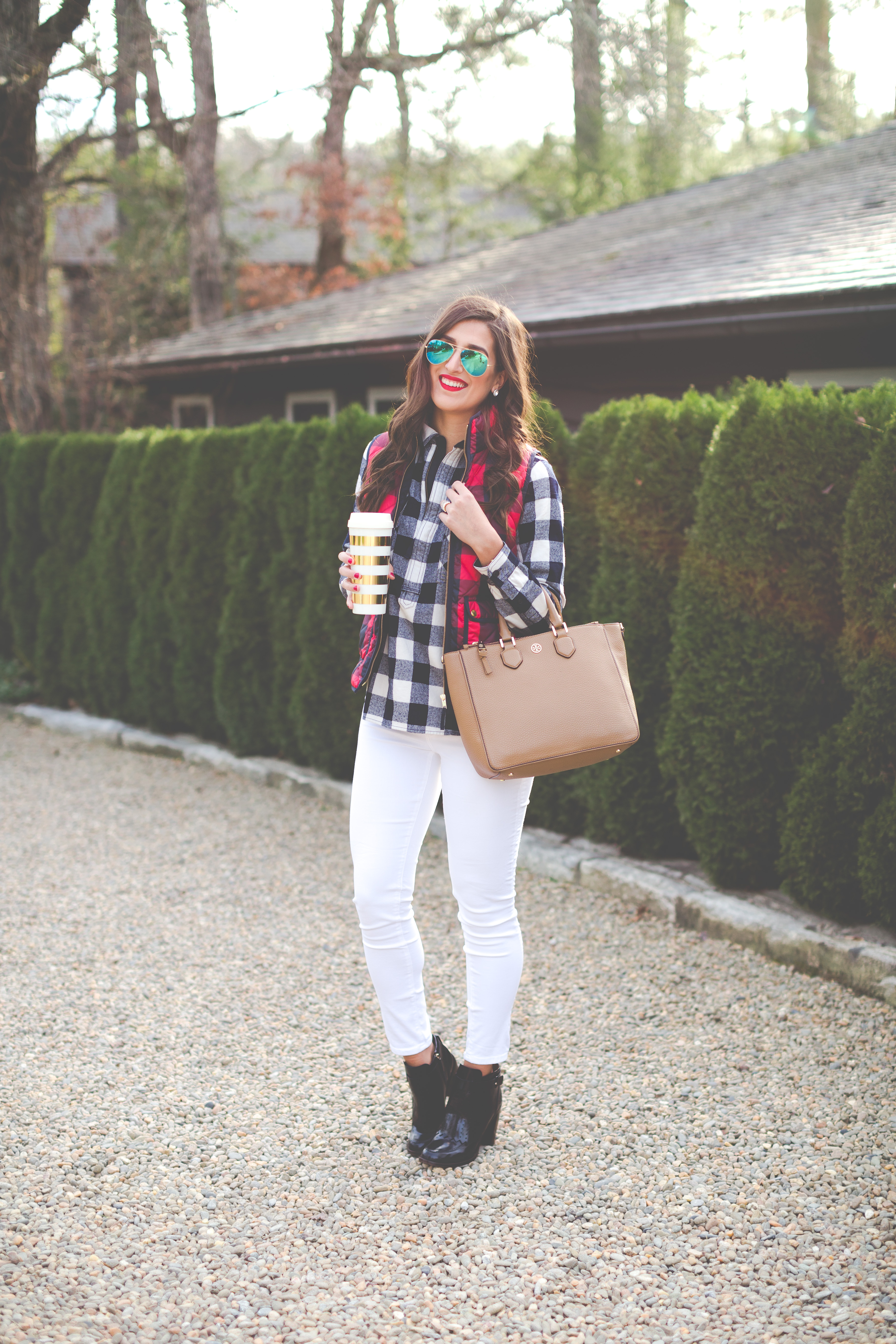buffalo plaid shirt jacket, buffalo plaid excursion vest, check excursion vest, quilted vest, kate spade thermal mug, holiday look, holiday outfit ideas, preppy holiday outfits // grace wainwright from a southern drawl